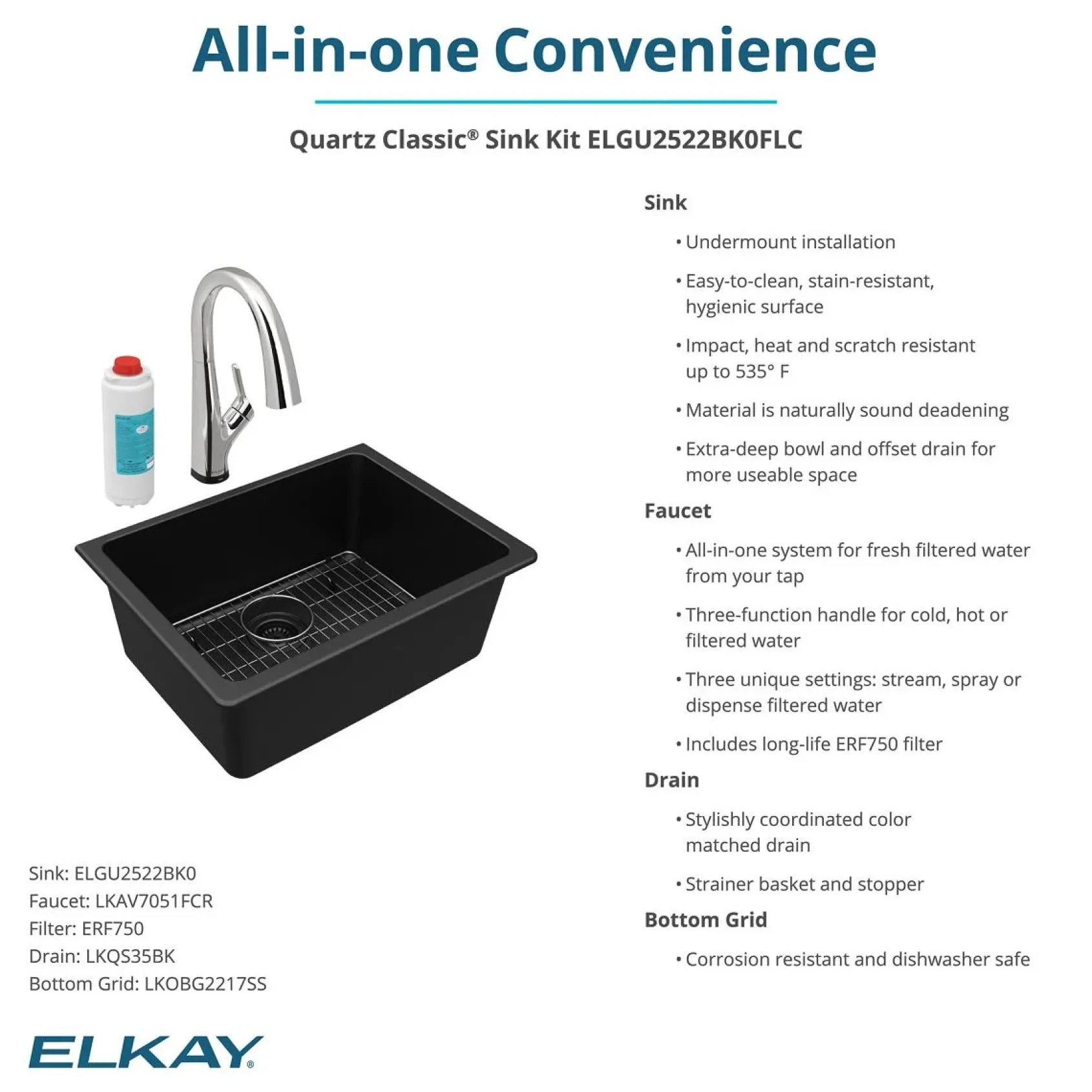 Elkay Quartz Classic 25" Undermount Quartz Kitchen Sink Kit with Faucet, Single Bowl Black, ELGU2522BK0FLC