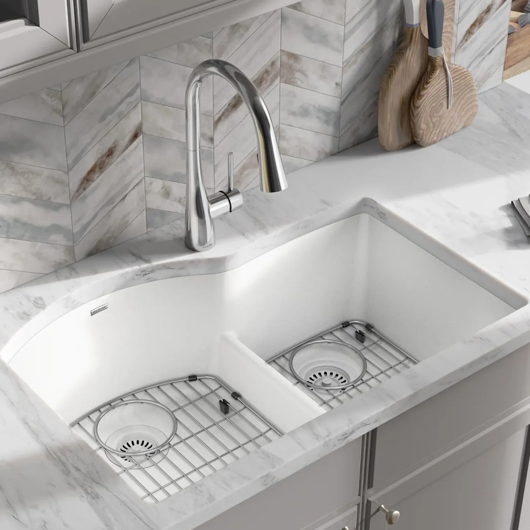 Elkay Quartz Classic 33" Undermount Quartz Kitchen Sink Kit, 60/40 Double Bowl, White, ELGHU3322RWH0C