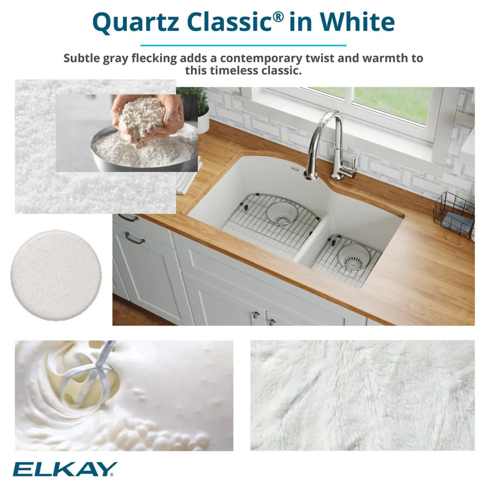 Elkay Quartz Classic 33" Undermount Quartz Kitchen Sink Kit, 60/40 Double Bowl, White, ELGHU3322RWH0C