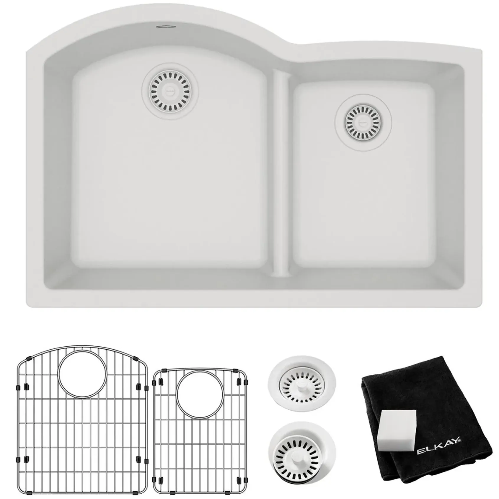Elkay Quartz Classic 33" Undermount Quartz Kitchen Sink Kit, 60/40 Double Bowl, White, ELGHU3322RWH0C