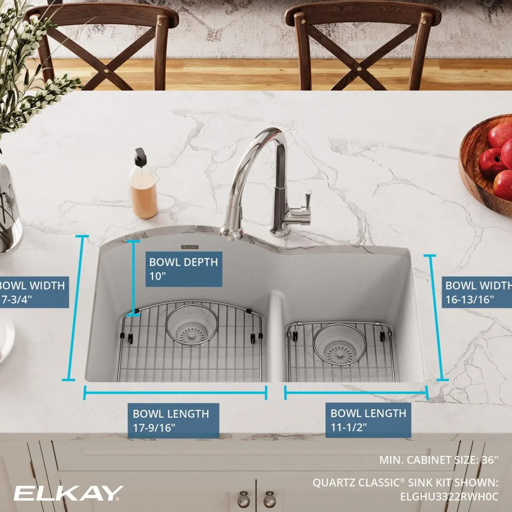 Elkay Quartz Classic 33" Undermount Quartz Kitchen Sink Kit, 60/40 Double Bowl, White, ELGHU3322RWH0C
