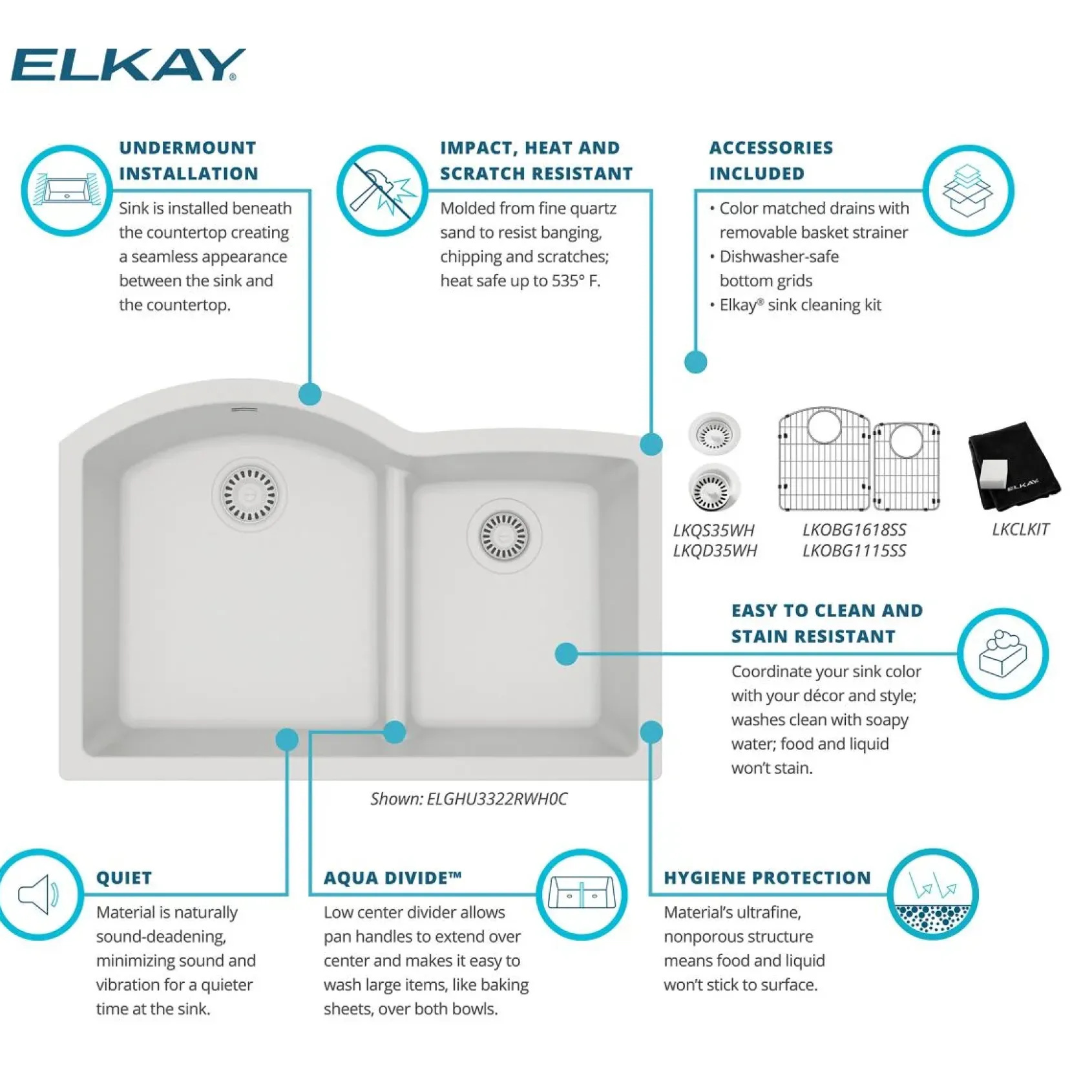 Elkay Quartz Classic 33" Undermount Quartz Kitchen Sink Kit, 60/40 Double Bowl, White, ELGHU3322RWH0C