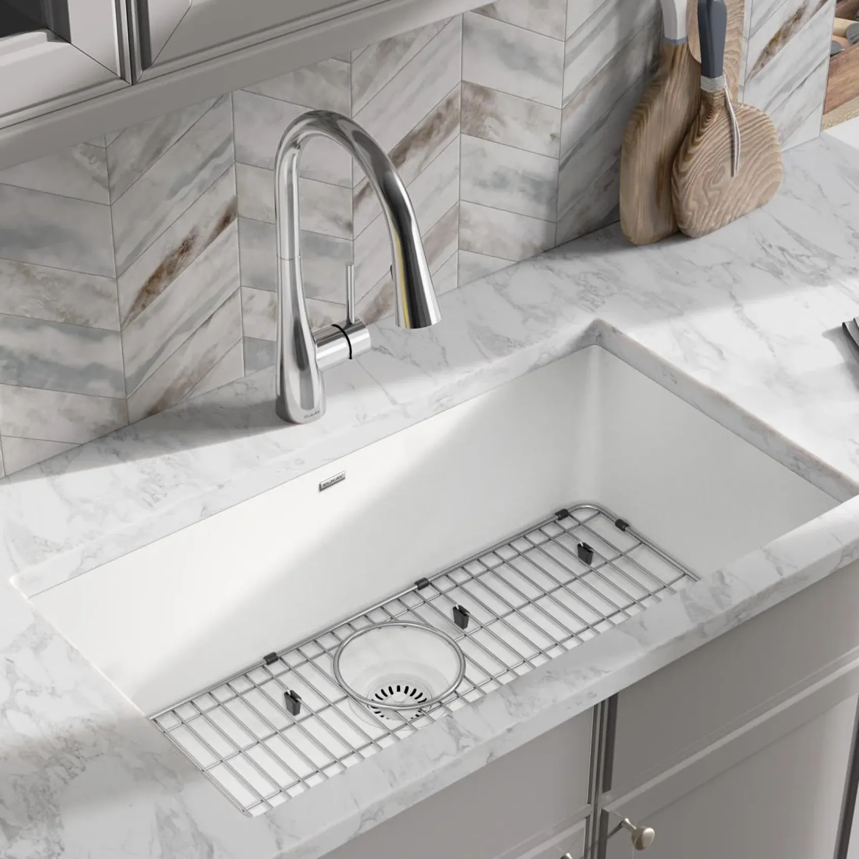 Elkay Quartz Classic 33" Undermount Quartz Kitchen Sink Kit, White, ELGRU13322WH0C