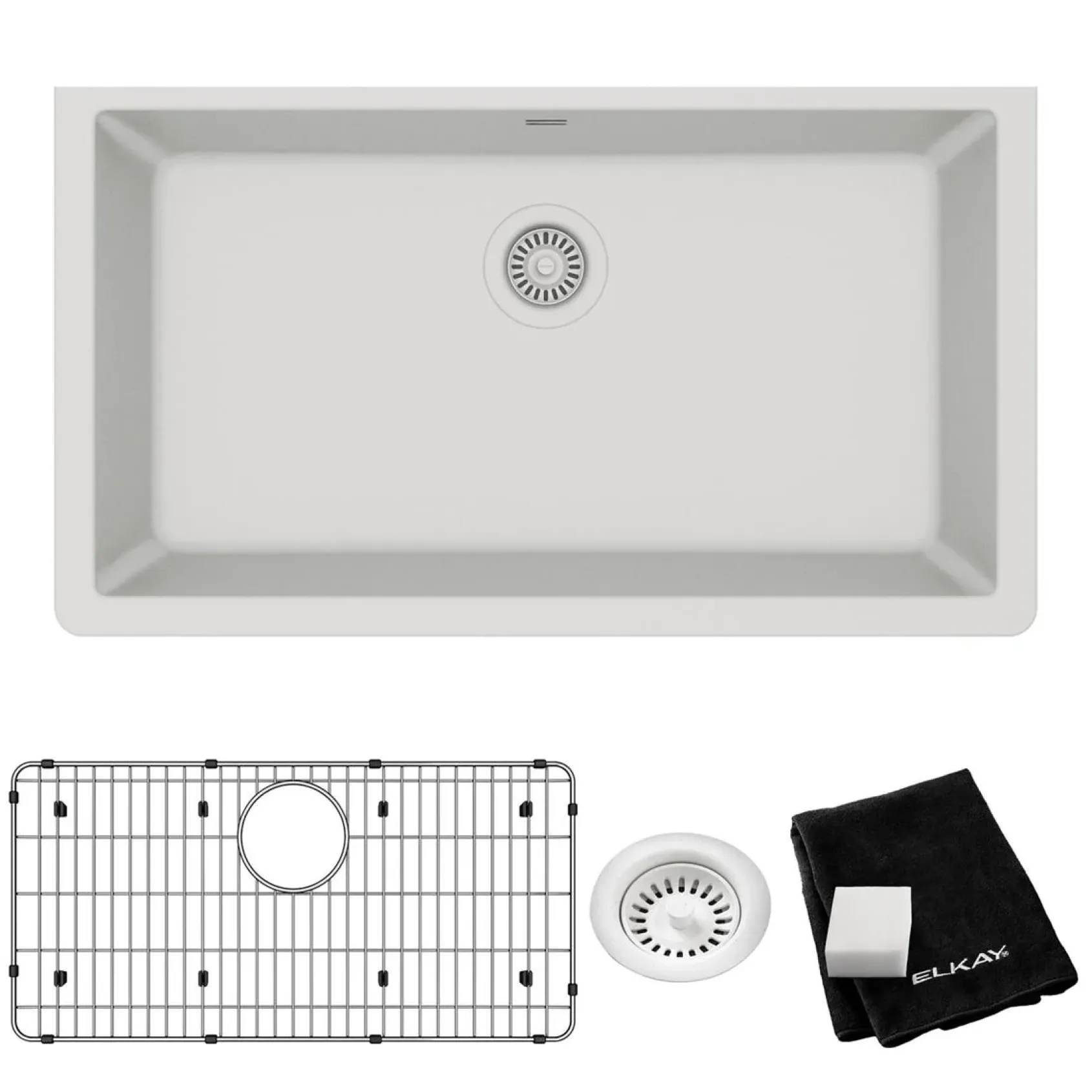 Elkay Quartz Classic 33" Undermount Quartz Kitchen Sink Kit, White, ELGRU13322WH0C