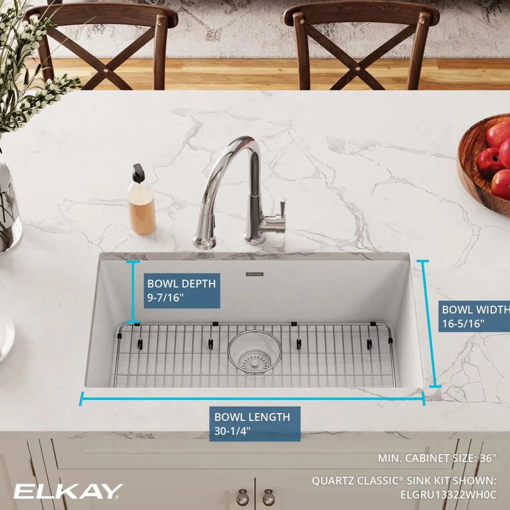 Elkay Quartz Classic 33" Undermount Quartz Kitchen Sink Kit, White, ELGRU13322WH0C