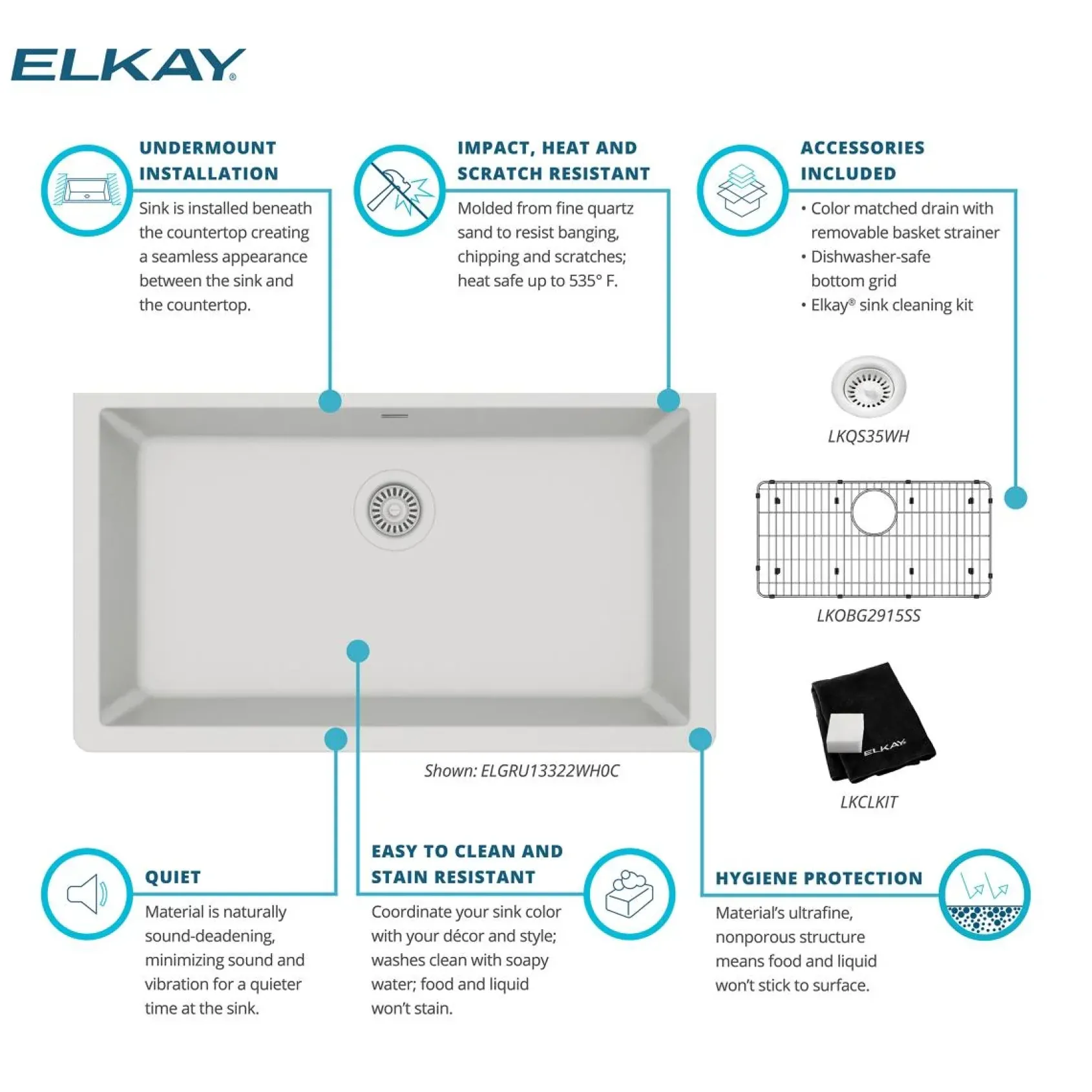 Elkay Quartz Classic 33" Undermount Quartz Kitchen Sink Kit, White, ELGRU13322WH0C