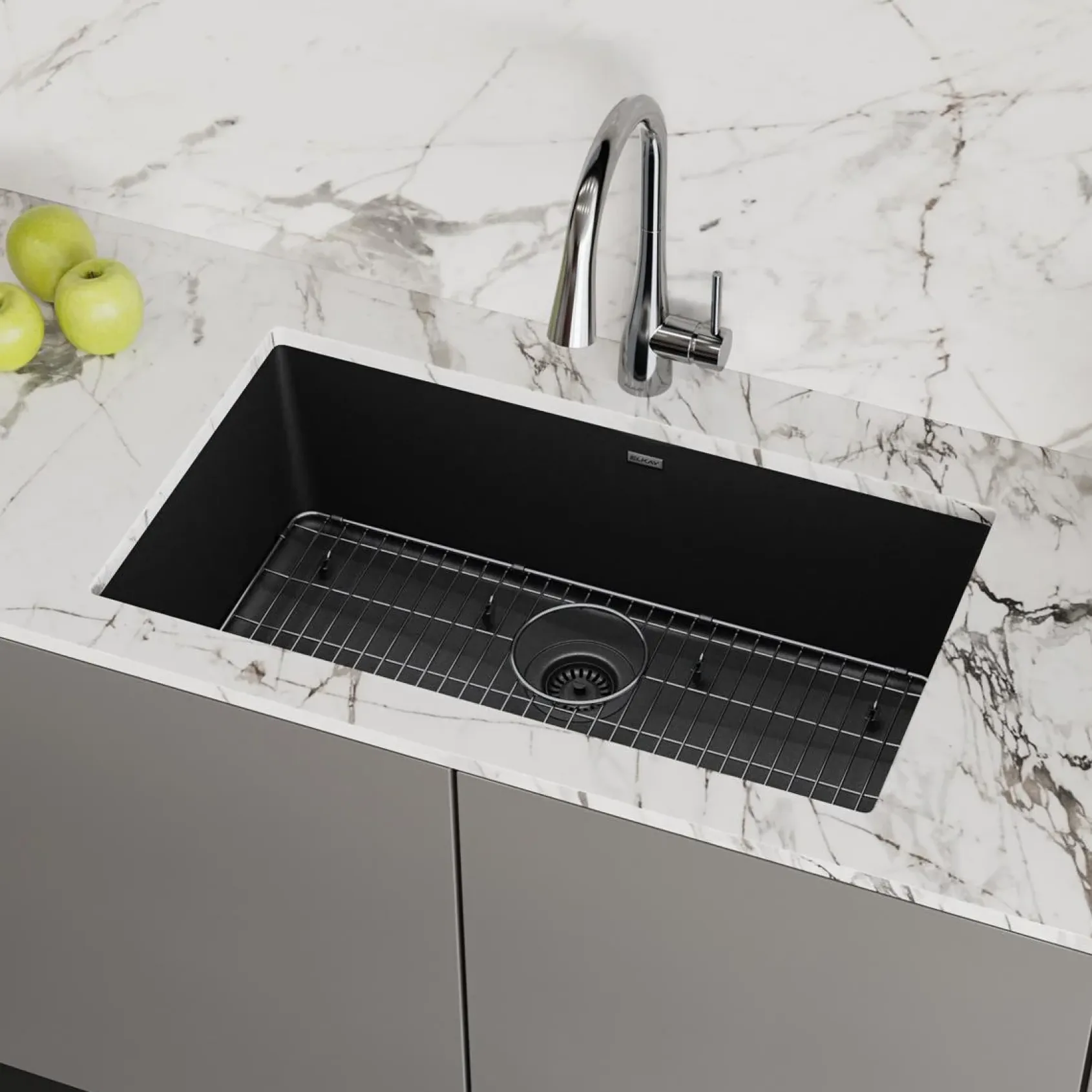 Elkay Quartz Classic 33" Undermount Quartz Kitchen Sink Kit, Black, ELGRU13322BK0C
