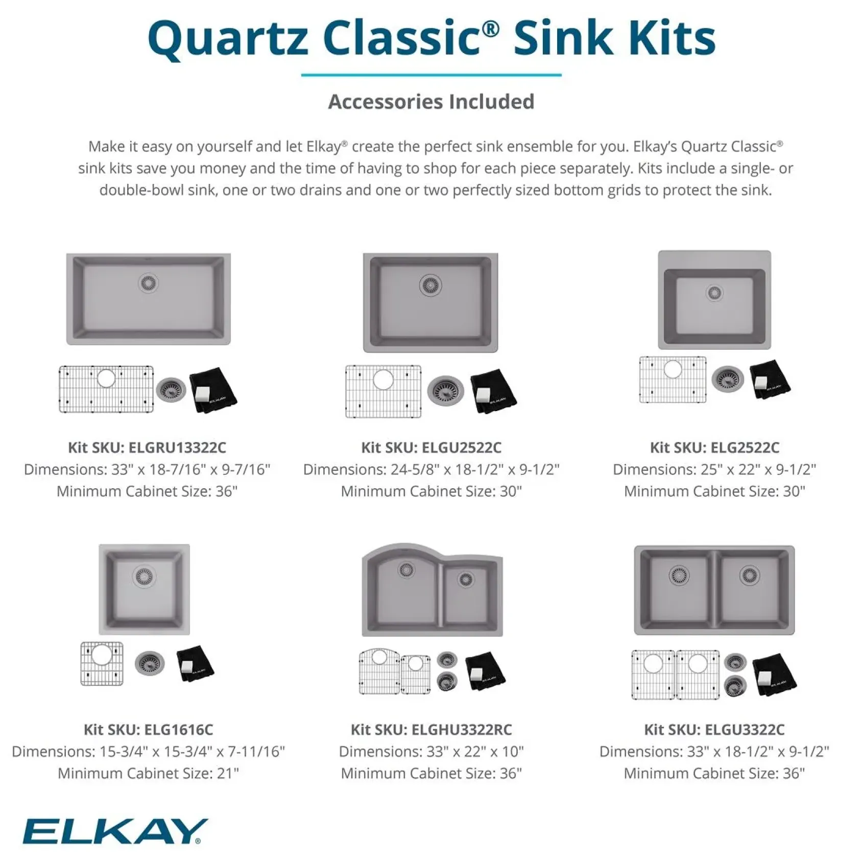 Elkay Quartz Classic 33" Undermount Quartz Kitchen Sink Kit, Black, ELGRU13322BK0C
