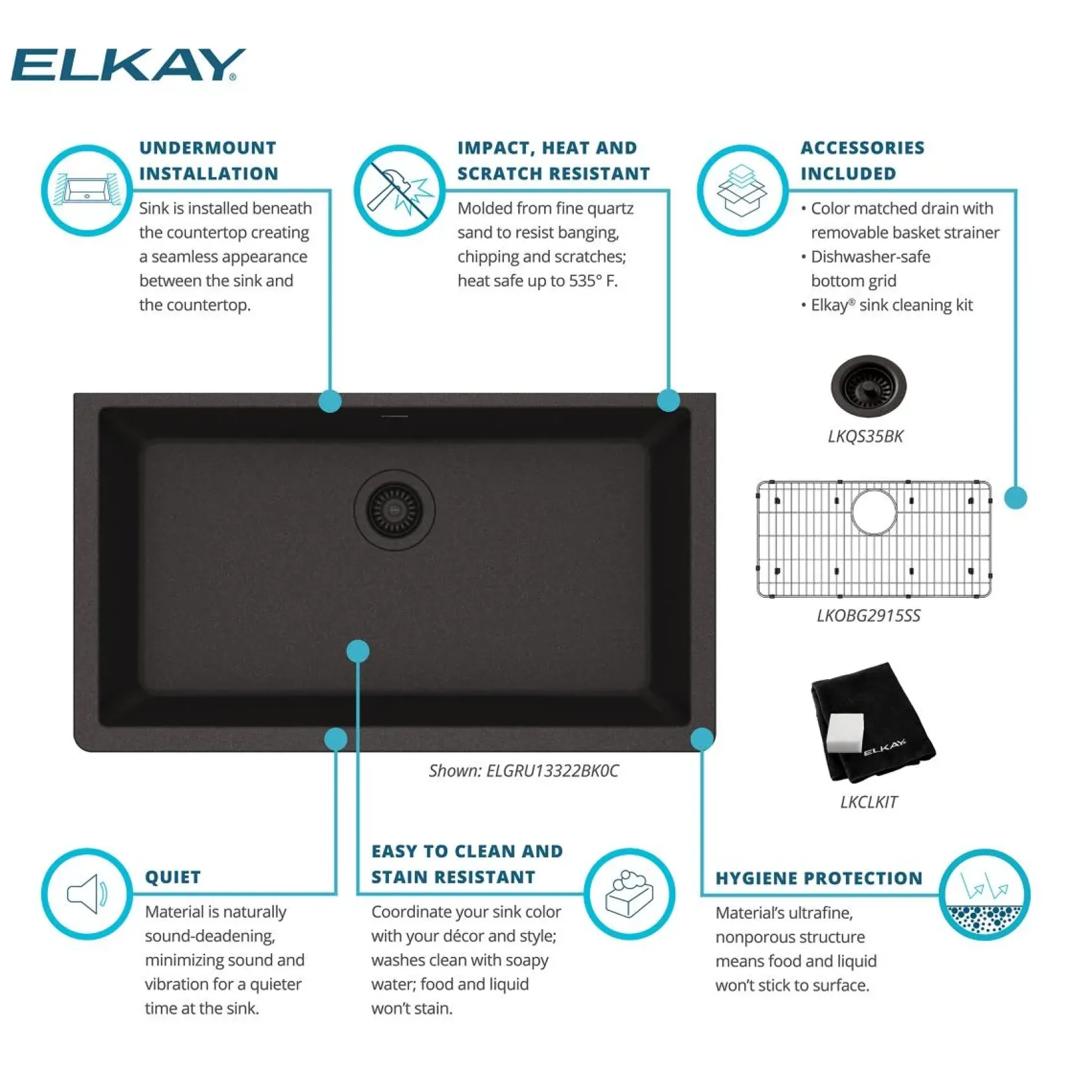 Elkay Quartz Classic 33" Undermount Quartz Kitchen Sink Kit, Black, ELGRU13322BK0C