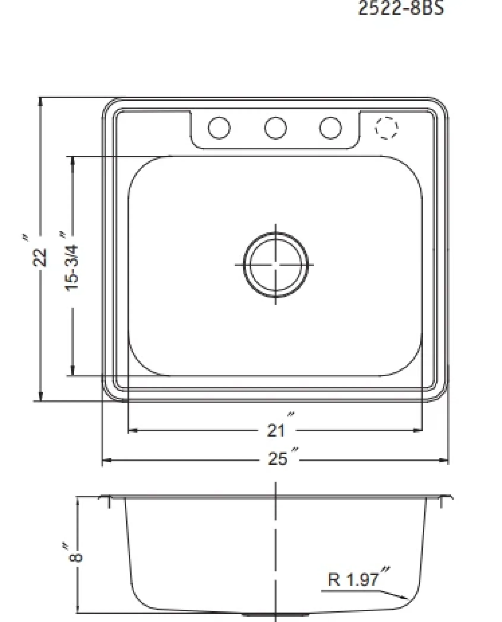 Houzer 25" Stainless Steel Topmount Single Bowl Kitchen Sink, 20 Gauge, 2522-8BS4-1
