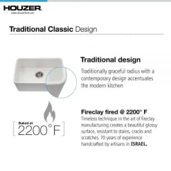 Houzer Platus 24 inch Biscuit Fireclay Undermount Single Bowl Kitchen Sink - PTU-2400 BQ-C with Basket Strainer and Basin Grid Included