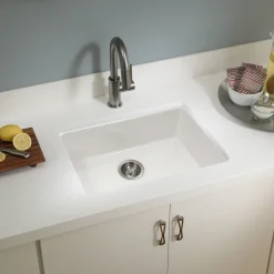 Houzer Platus 24 inch Biscuit Fireclay Undermount Single Bowl Kitchen Sink - PTU-2400 BQ-C with Basket Strainer and Basin Grid Included