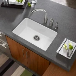 Houzer Platus 24 inch Biscuit Fireclay Undermount Single Bowl Kitchen Sink - PTU-2400 BQ-C with Basket Strainer and Basin Grid Included