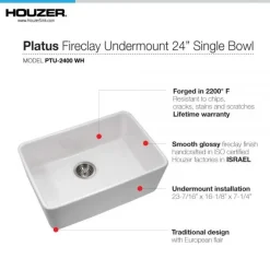 Houzer Platus 24 inch Biscuit Fireclay Undermount Single Bowl Kitchen Sink - PTU-2400 BQ-C with Basket Strainer and Basin Grid Included