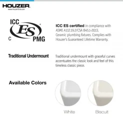 Houzer Platus 24 inch Biscuit Fireclay Undermount Single Bowl Kitchen Sink - PTU-2400 BQ-C with Basket Strainer and Basin Grid Included