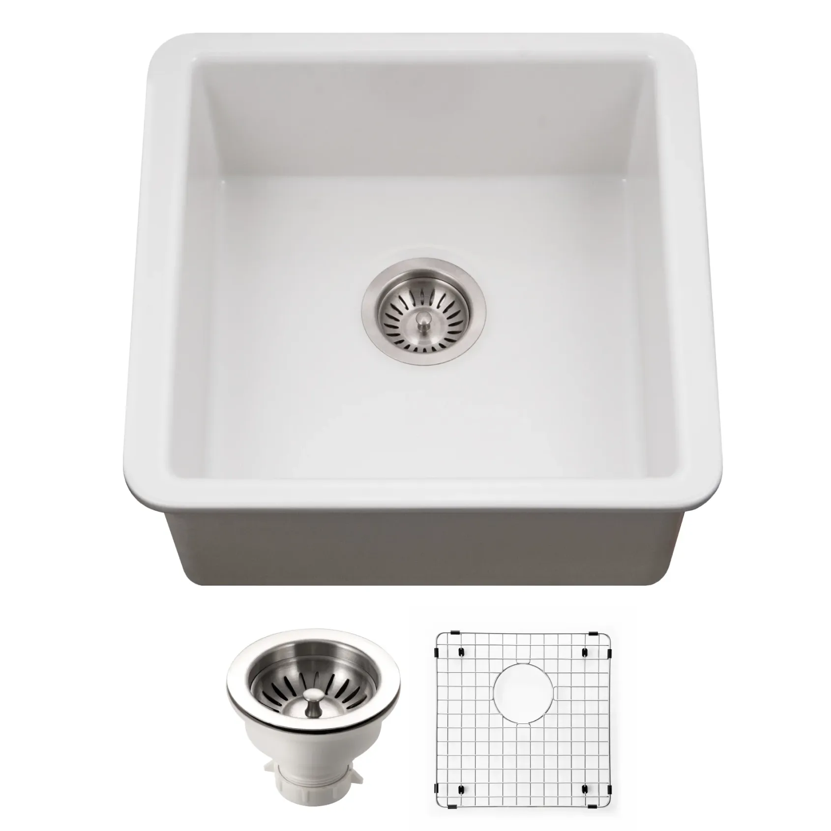 Houzer Platus 20 inch Matte White Fireclay Undermount Square Single Bowl Bar Sink - PTB-2020 MWH-C with Basket Strainer and Basin Grid Included