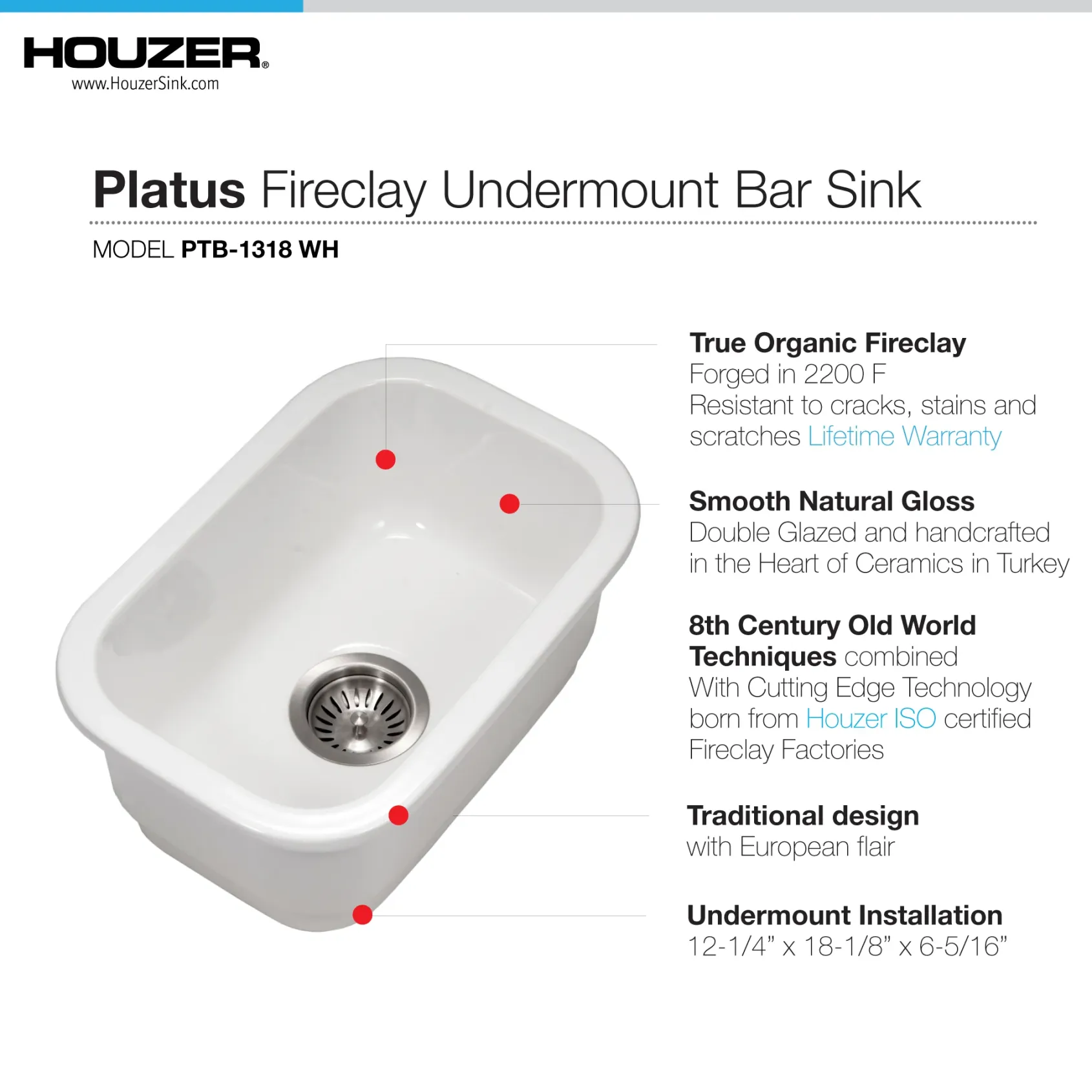 Houzer Platus 13 inch White Fireclay Undermount Single Bowl Bar Sink with Strainer & Grid - PTB-1318 WH-C