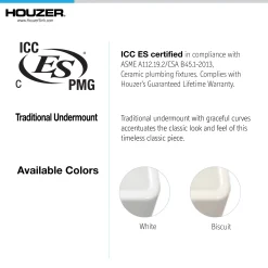 Houzer Platus 13 inch White Fireclay Undermount Single Bowl Bar Sink with Strainer & Grid - PTB-1318 WH-C