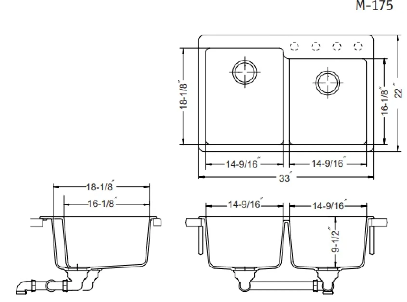 Houzer Quartztone 33 inch Slate Granite Composite Drop-in Topmount 60/40 Double Bowl Kitchen Sink - M-175 SLATE