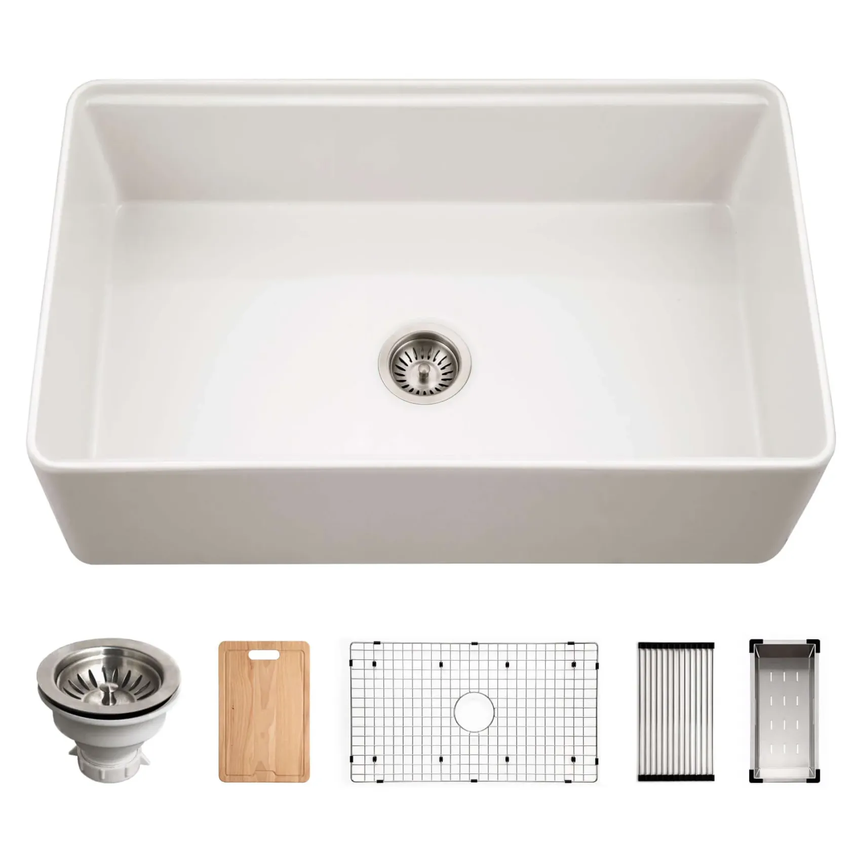 Houzer Aspire 33 inch Matte White Fireclay Farmhouse Apron Front Single Bowl Workstation with Accessories - PTW-3320S MWH