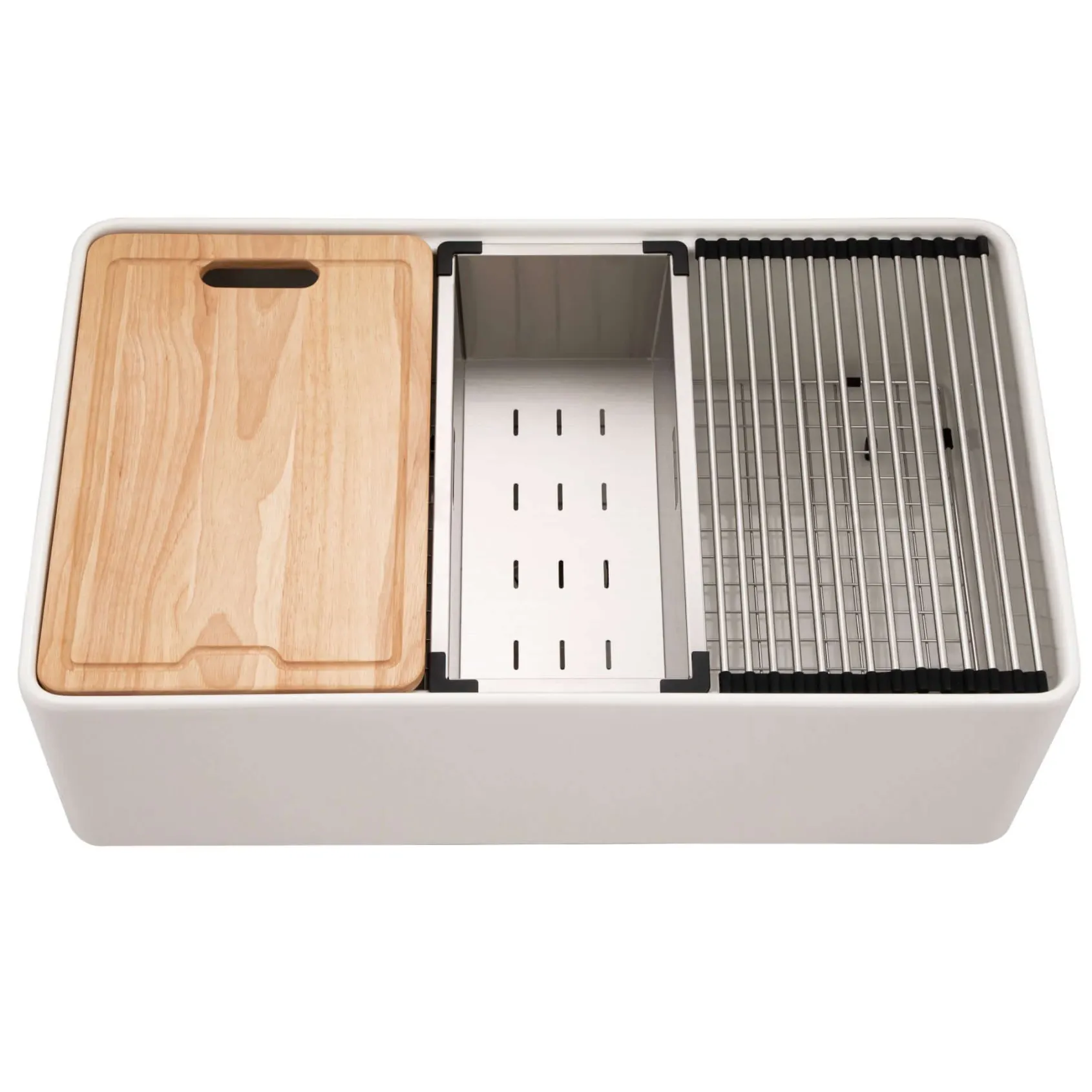 Houzer Aspire 33 inch Matte White Fireclay Farmhouse Apron Front Single Bowl Workstation with Accessories - PTW-3320S MWH