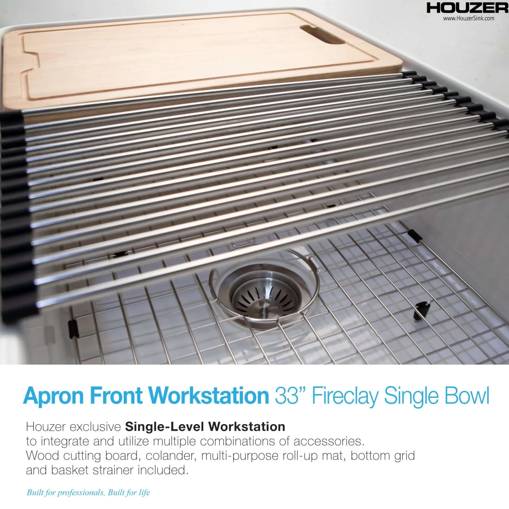 Houzer Aspire 33 inch Matte White Fireclay Farmhouse Apron Front Single Bowl Workstation with Accessories - PTW-3320S MWH