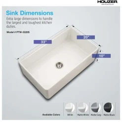 Houzer Aspire 33 inch Matte White Fireclay Farmhouse Apron Front Single Bowl Workstation with Accessories - PTW-3320S MWH