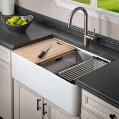 Houzer Aspire 30 inch White Fireclay Farmhouse Apron Front Single Bowl Workstation Sink with Accessories - PTW-3020S WH