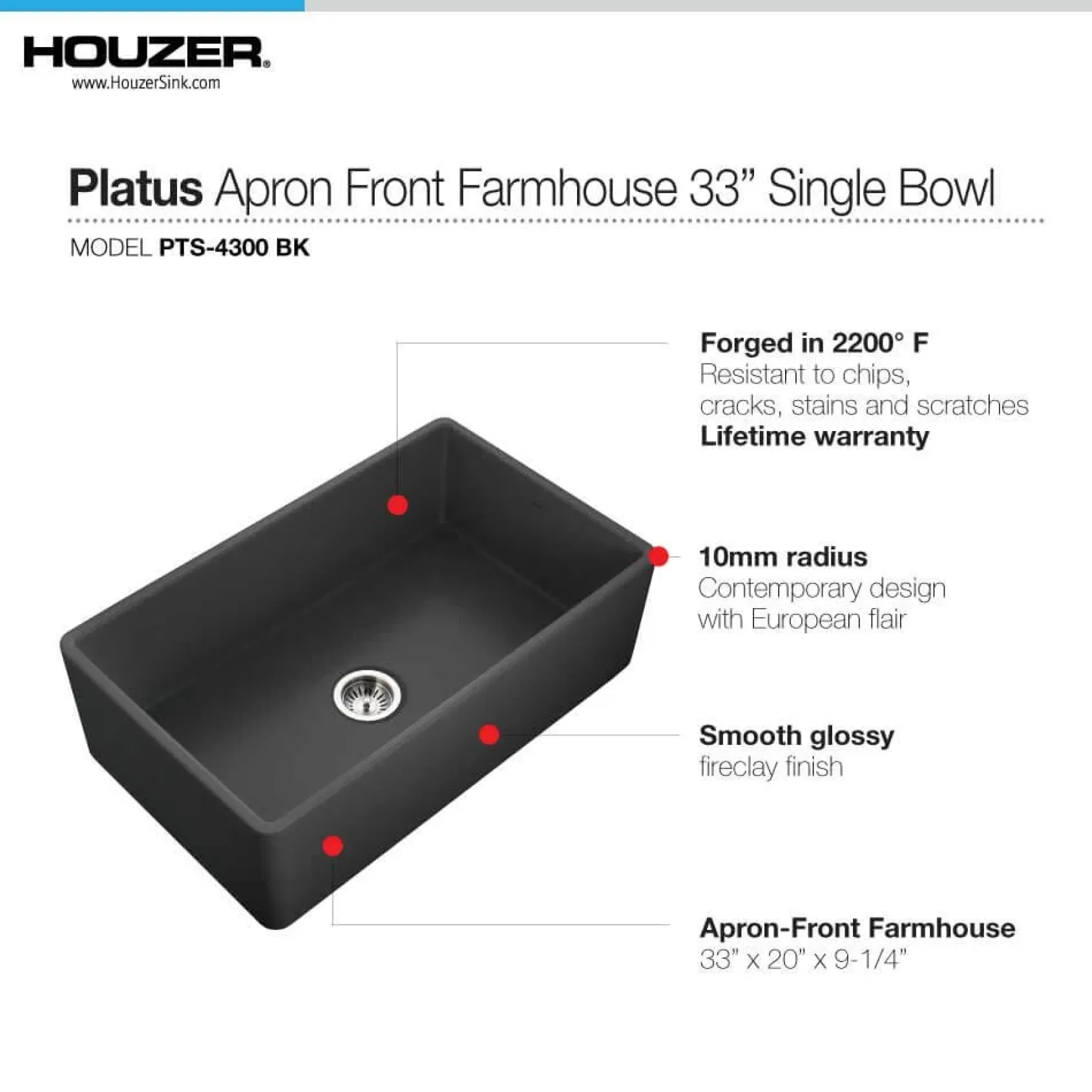 Houzer 33" Fireclay Single Bowl Farmhouse Kitchen Sink, Black, Platus Series, PTG-4300 BL