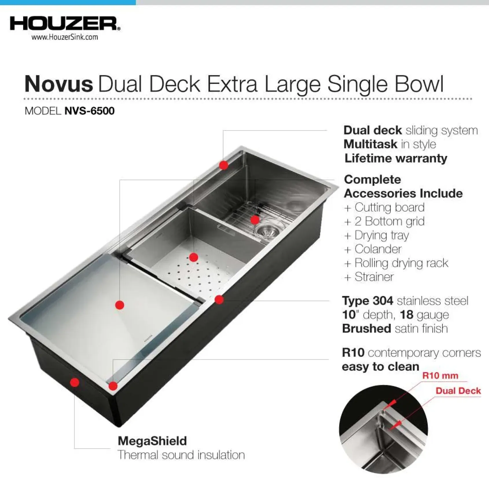 Houzer Novus 45" Workstation Kitchen Sink, 18 Gauge Stainless Steel, NVS-6500