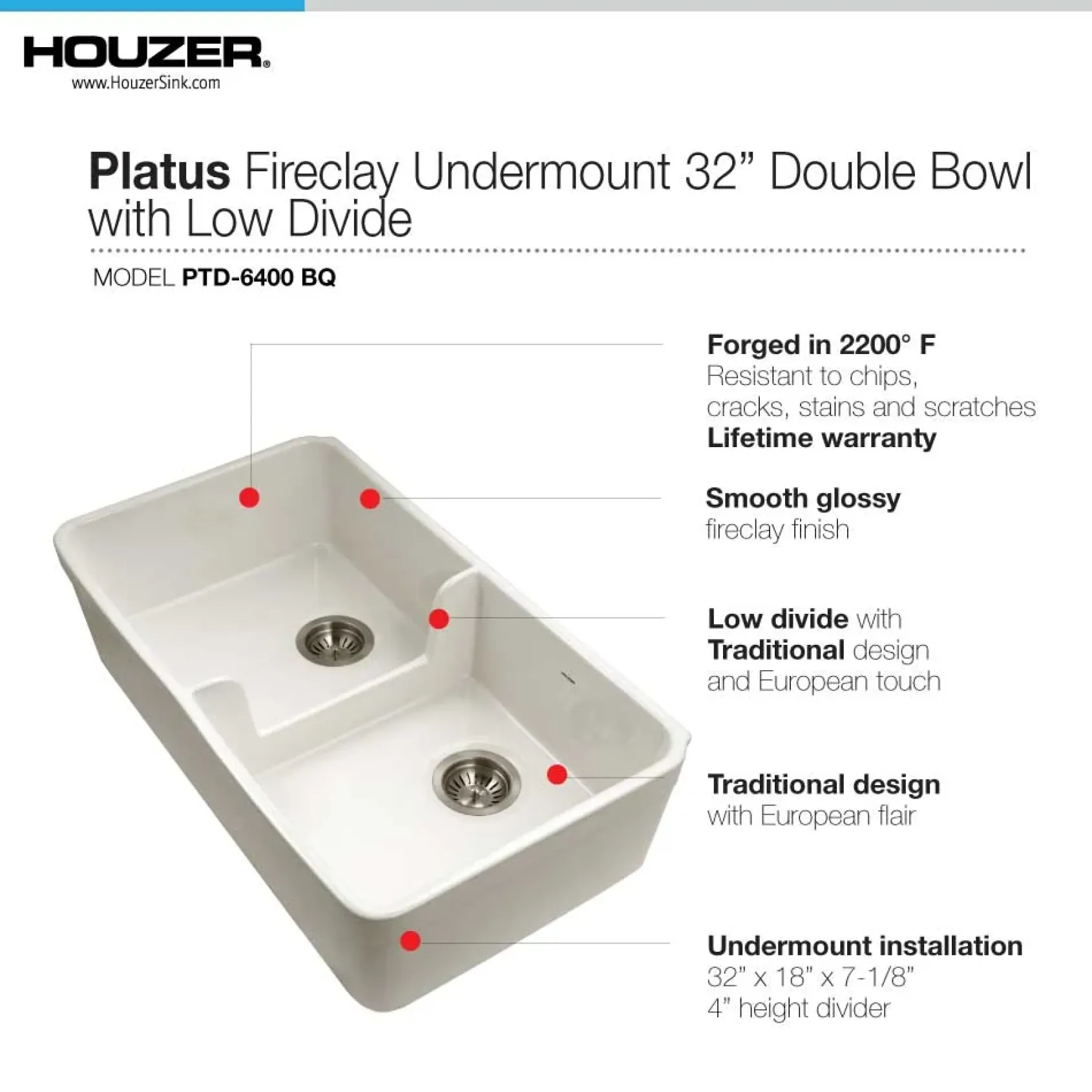Houzer Platus 32" Fireclay 50/50 Low Divide Double Bowl Farmhouse Kitchen Sink, Biscuit, PTD-6400 BQ