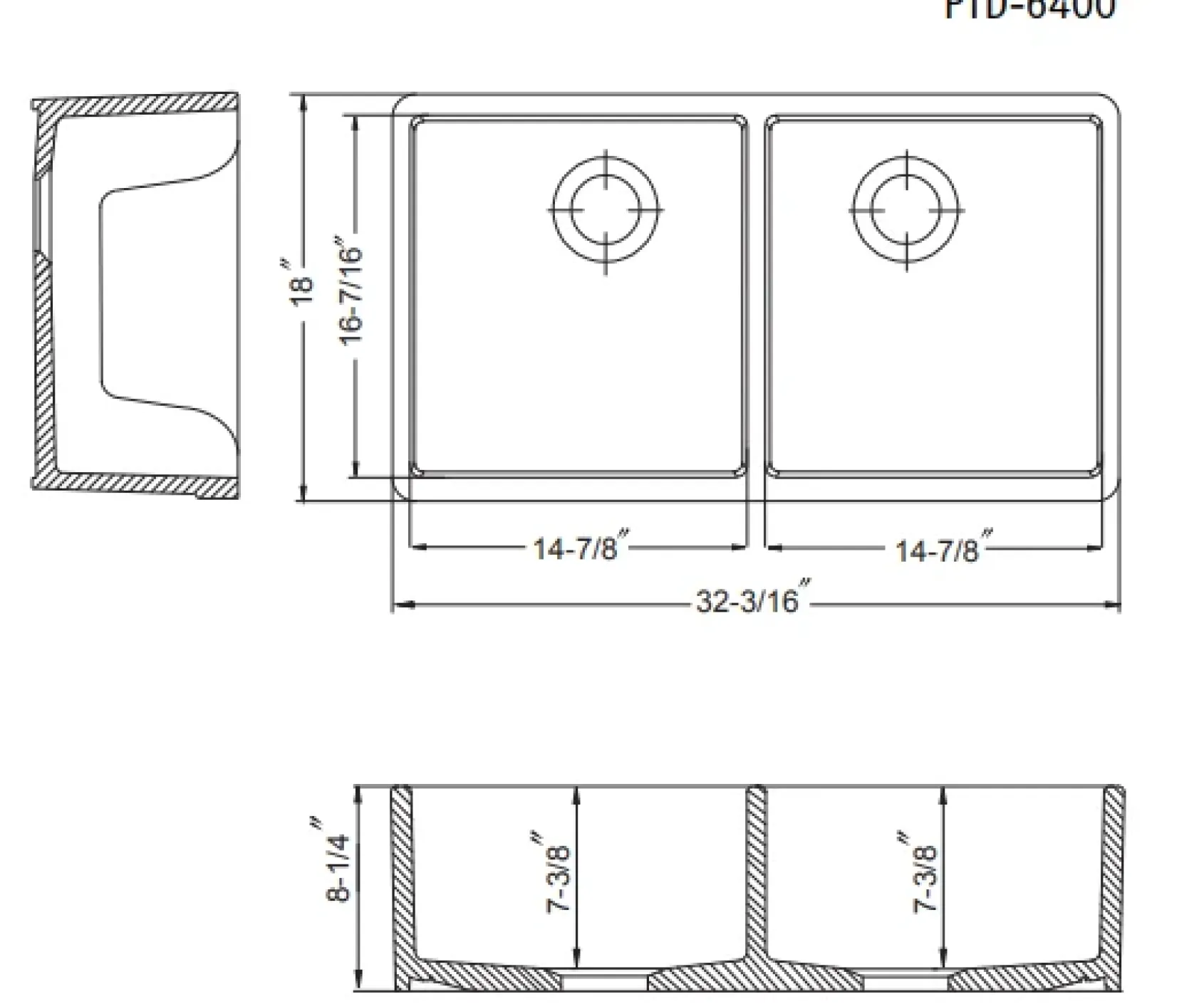 Houzer Platus 32" Fireclay 50/50 Low Divide Double Bowl Farmhouse Kitchen Sink, Biscuit, PTD-6400 BQ