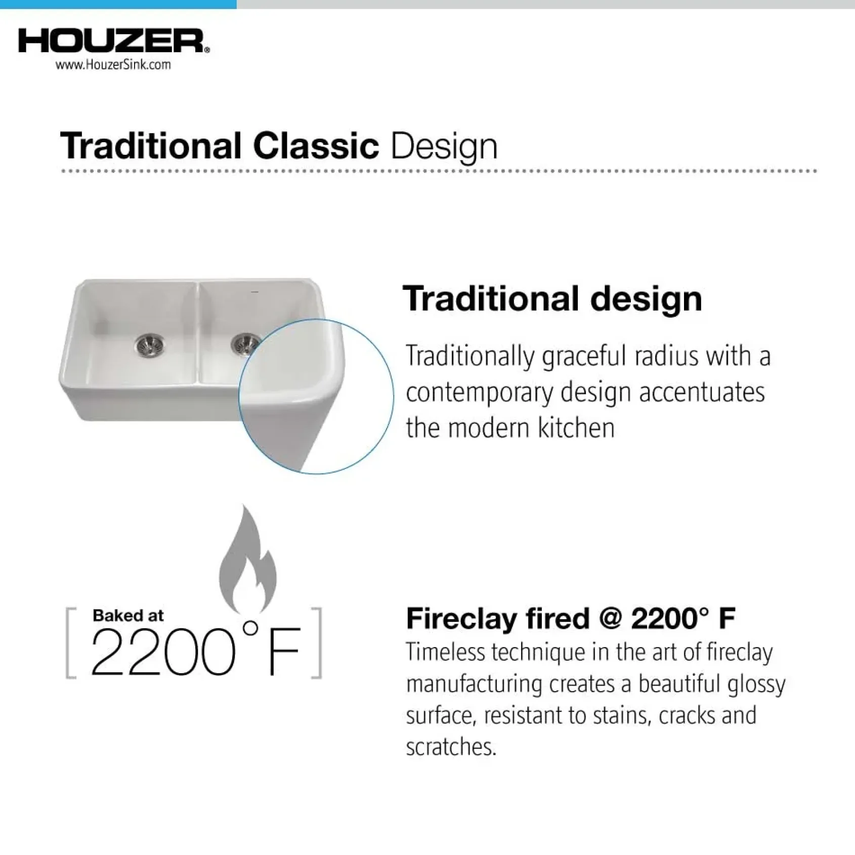 Houzer Platus 32" Fireclay 50/50 Low Divide Double Bowl Farmhouse Kitchen Sink, Biscuit, PTD-6400 BQ