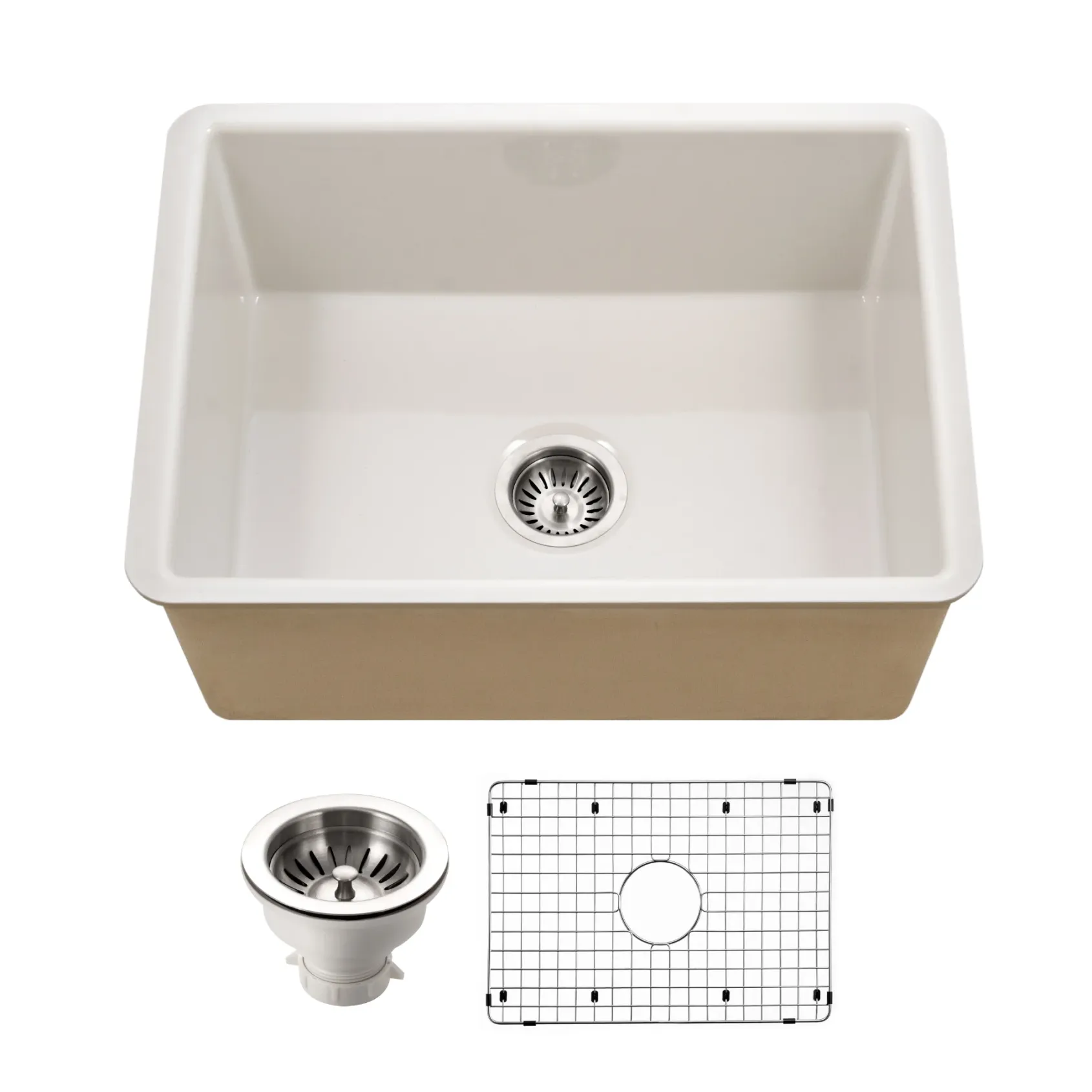 Houzer Platus 26 inch Biscuit Fireclay Undermount Single Bowl Kitchen Sink - PTU-2800 BQ-C with Basket Strainer and Basin Grid Included
