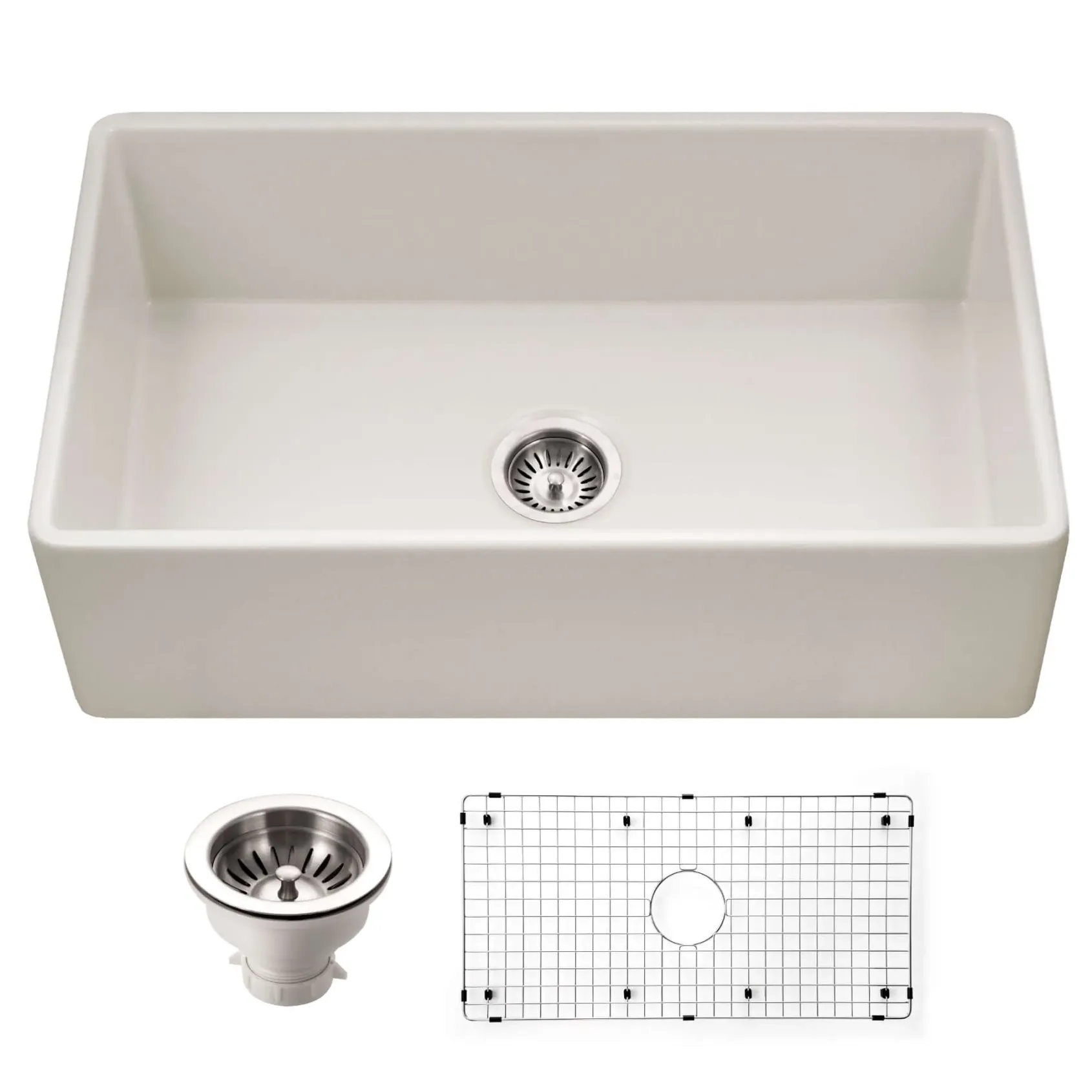 Houzer Platus 33 inch Biscuit Fireclay Apron Front Farmhouse Single Bowl Kitchen Sink - PTG-4318 BQ-C with Basket Strainer and Basin Grid Included