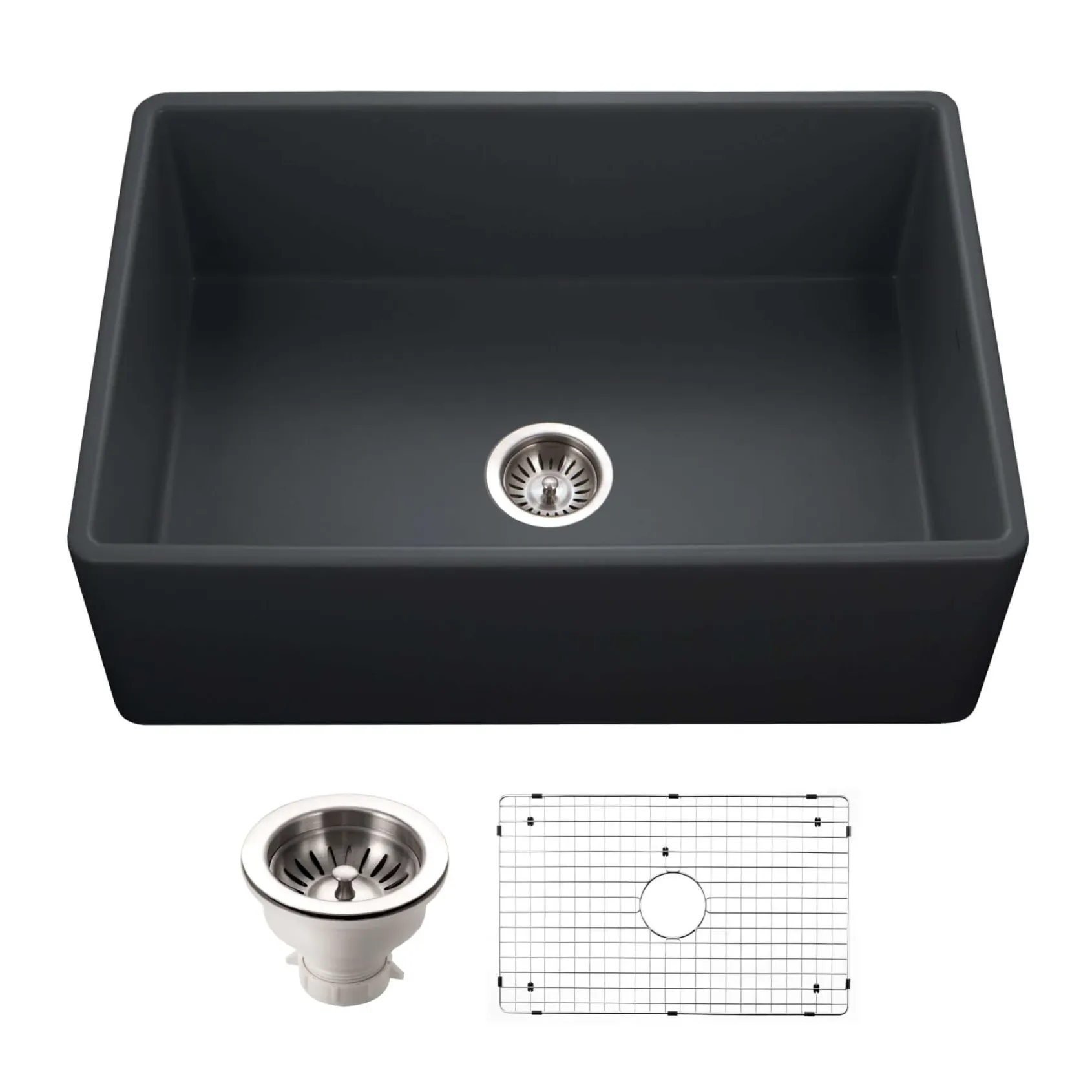 Houzer Platus 30 inch Black Fireclay Apron Front Farmhouse Single Bowl Kitchen Sink - PTS-4100 BL-C with Basket Strainer and Basin Grid Included