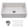 Houzer Platus 33 inch Matte White Fireclay Apron Front Farmhouse Single Bowl Kitchen Sink - PTG-4300 MWH-C with Basket Strainer and Basin Grid Included