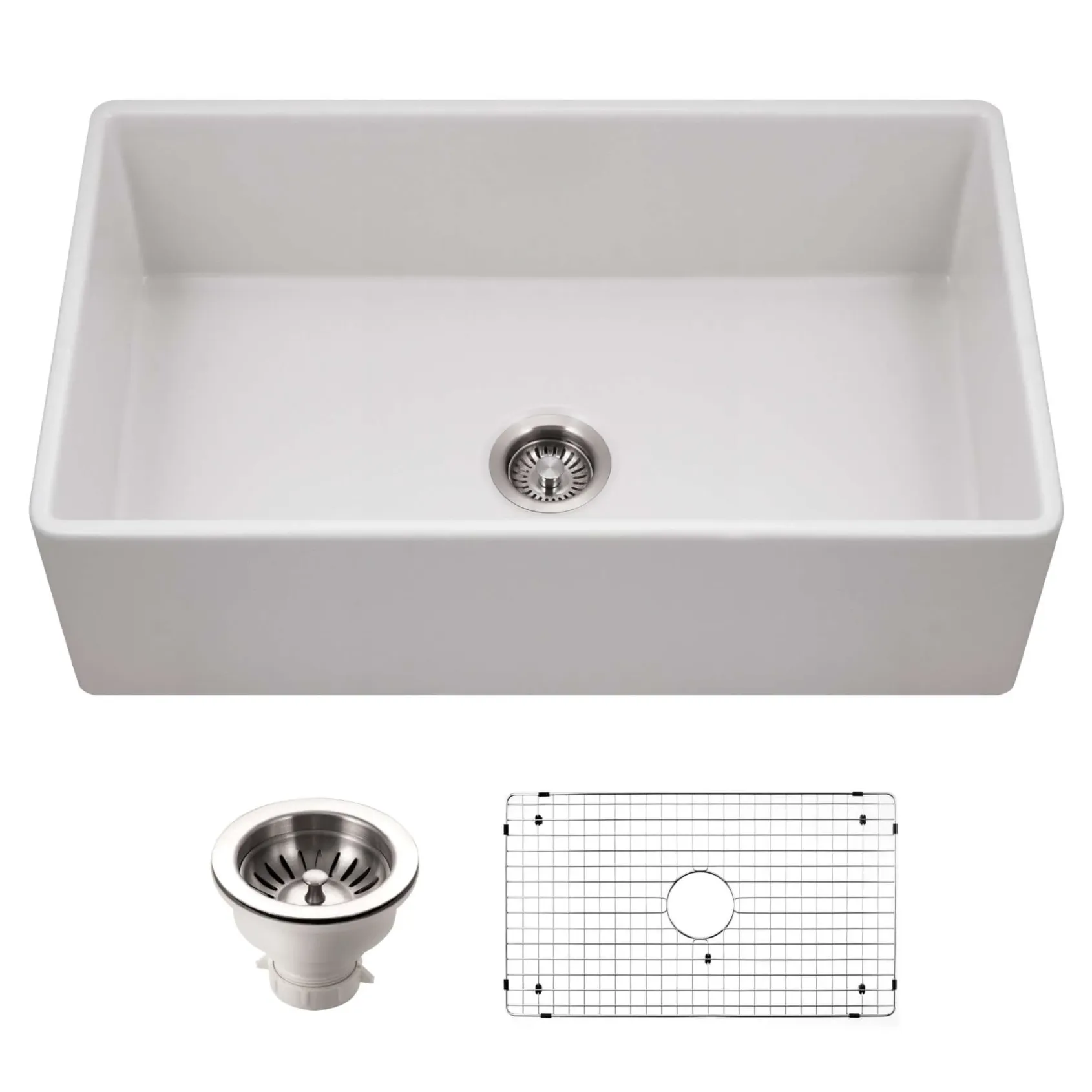 Houzer Platus 33 inch Matte White Fireclay Apron Front Farmhouse Single Bowl Kitchen Sink - PTG-4300 MWH-C with Basket Strainer and Basin Grid Included