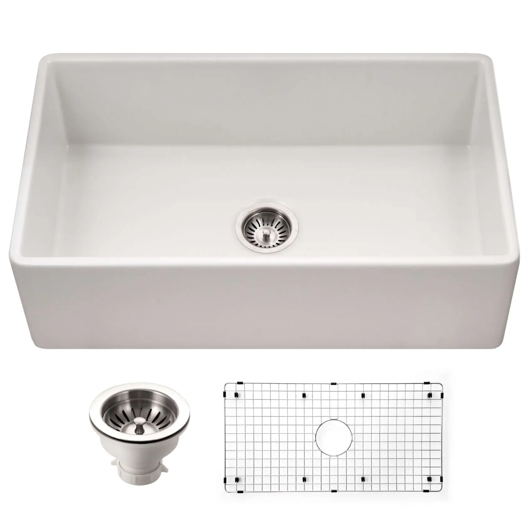 Houzer Platus 33 inch White Fireclay Apron Front Farmhouse Single Bowl Kitchen Sink - PTG-4318 WH-C with Basket Strainer and Basin Grid Included
