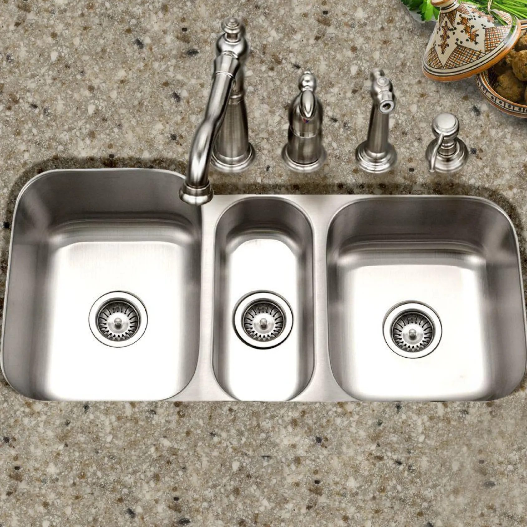 Houzer 40" Stainless Steel Undermount Triple Bowl Kitchen Sink, 18 Gauge, MGT-4120-1