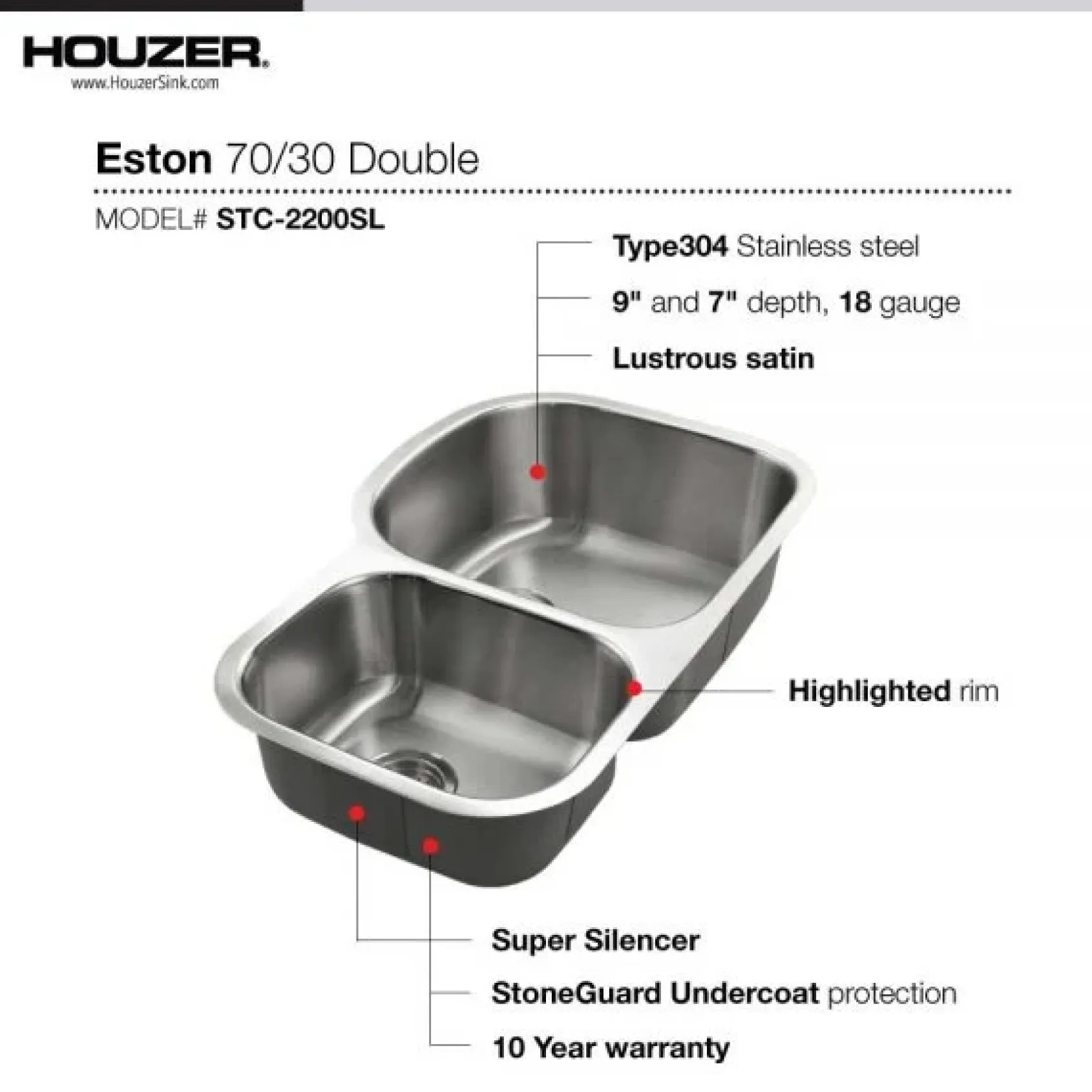 Houzer 32" Stainless Steel Undermount 70/30 Double Bowl Kitchen Sink, 18 Gauge, STC-2200SL-1