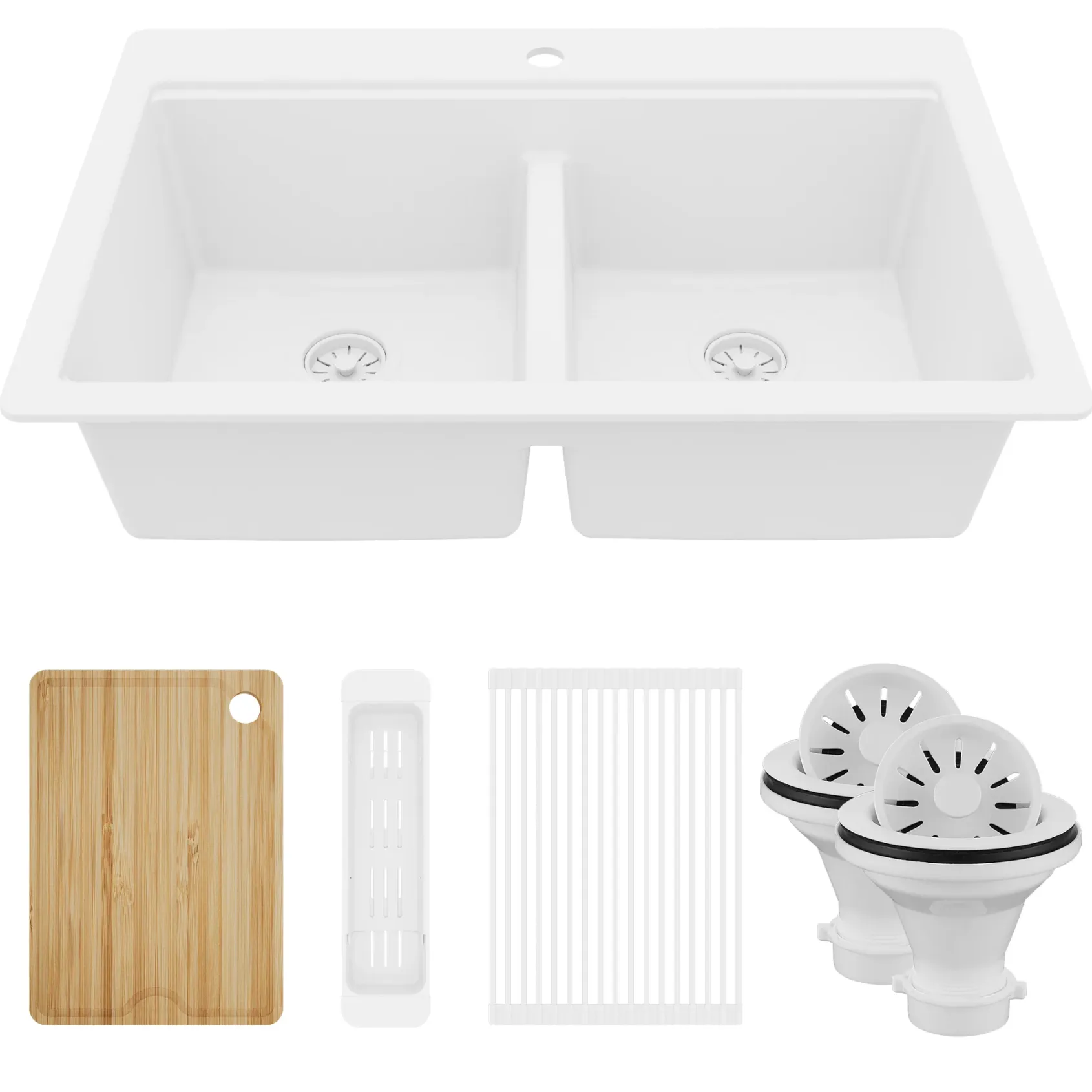 Karran 33" Drop In Quartz Composite Workstation Kitchen Sink, 50/50 Double Bowl, White, QTWS-880-WH-PK2