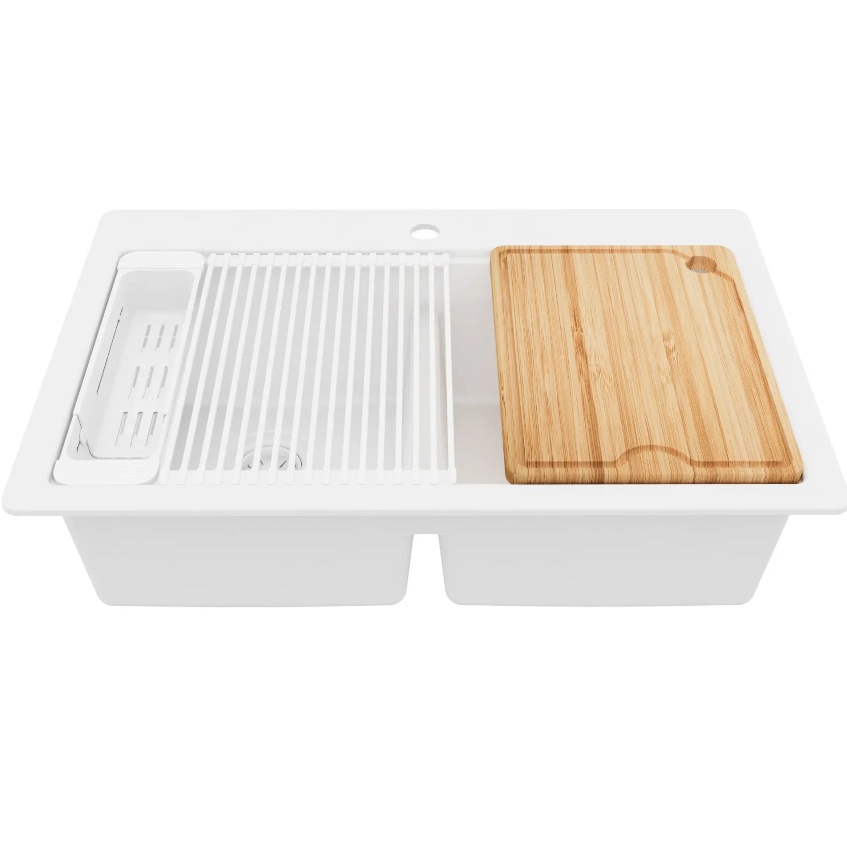 Karran 33" Drop In Quartz Composite Workstation Kitchen Sink, 50/50 Double Bowl, White, QTWS-880-WH-PK2