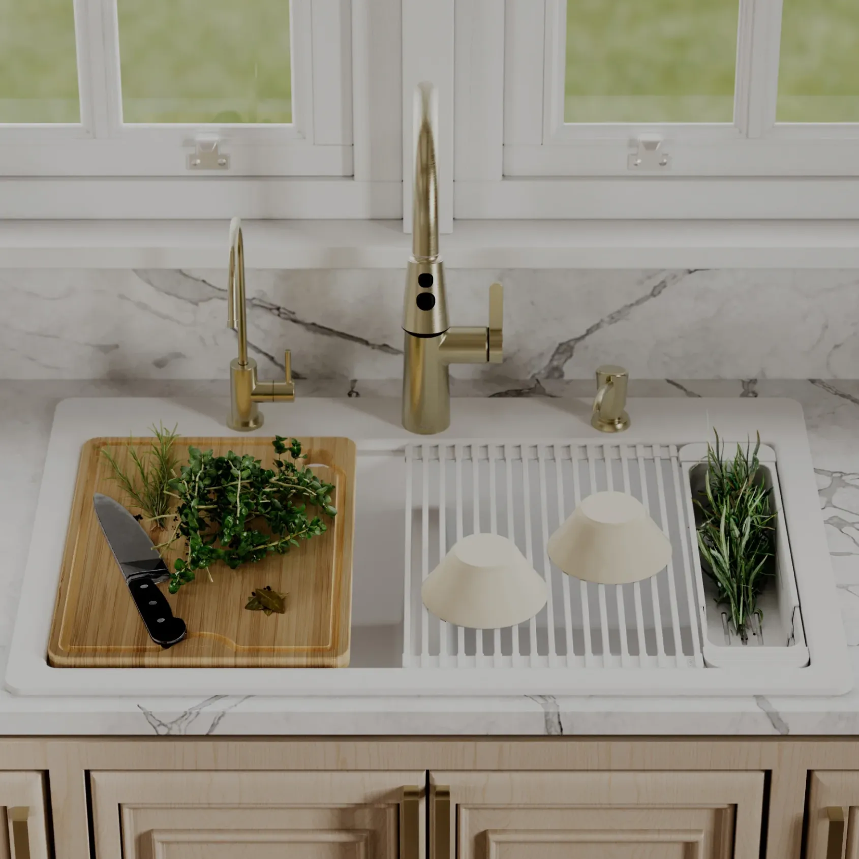 Karran 33" Drop In Quartz Composite Workstation Kitchen Sink, 50/50 Double Bowl, White, QTWS-880-WH-PK2