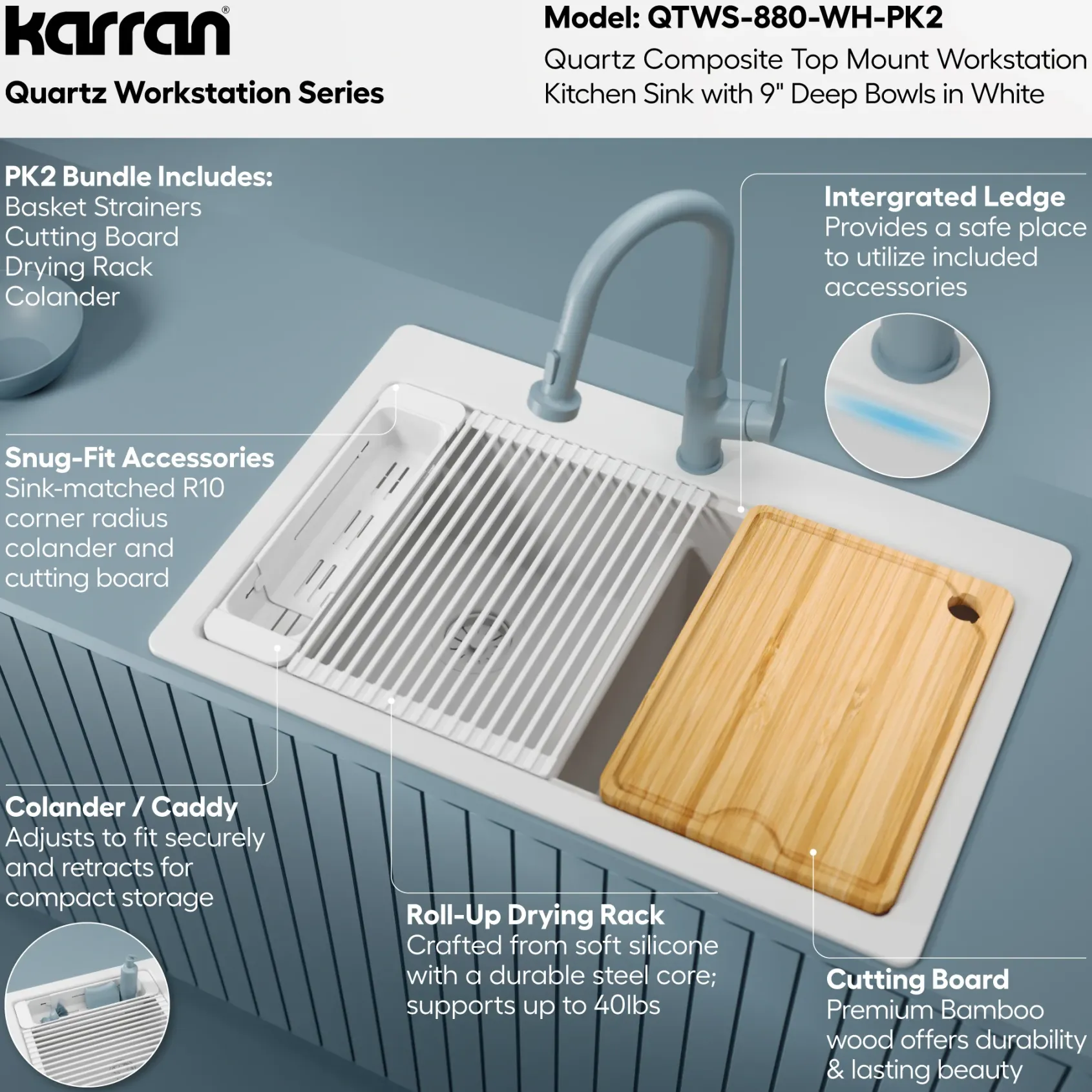 Karran 33" Drop In Quartz Composite Workstation Kitchen Sink, 50/50 Double Bowl, White, QTWS-880-WH-PK2