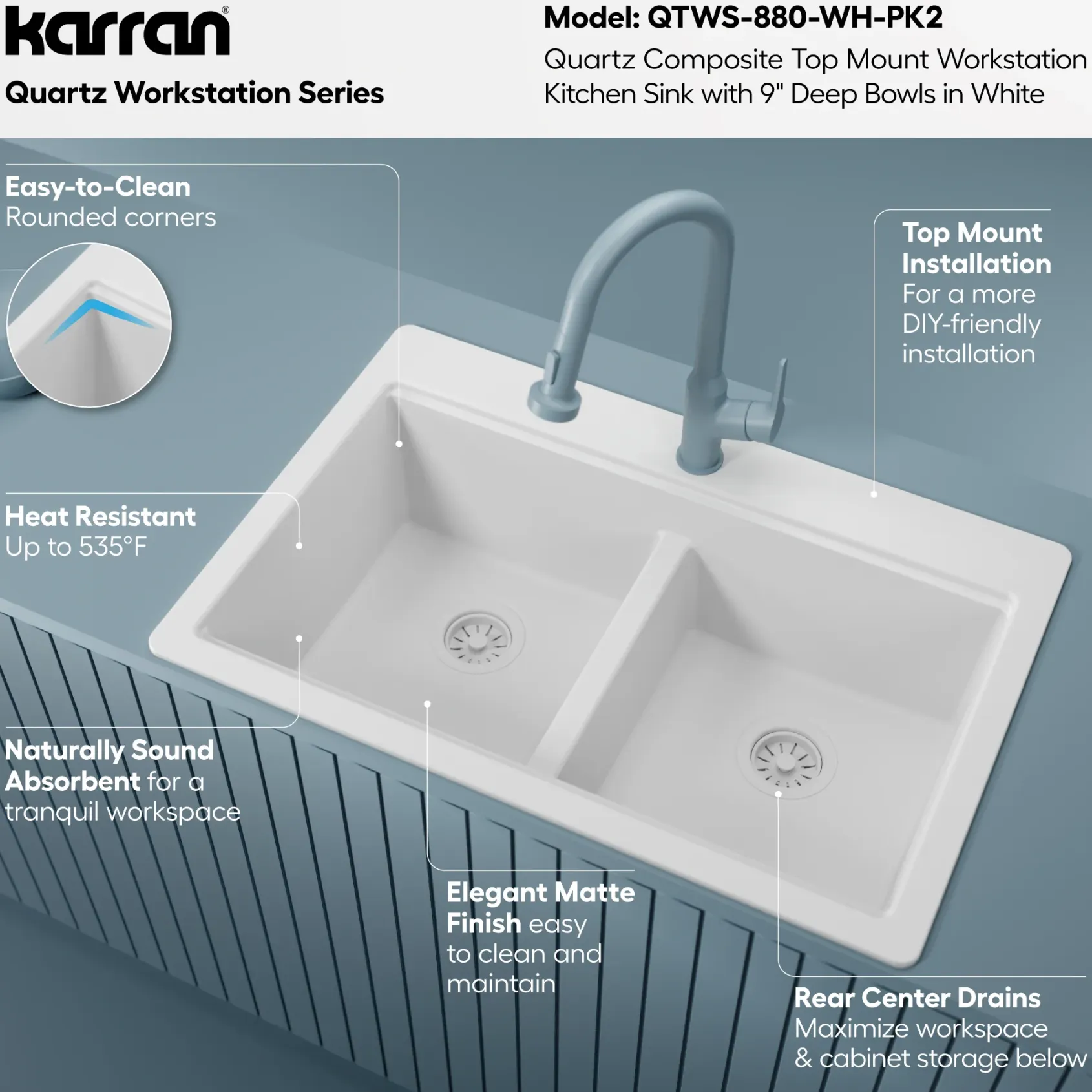 Karran 33" Drop In Quartz Composite Workstation Kitchen Sink, 50/50 Double Bowl, White, QTWS-880-WH-PK2