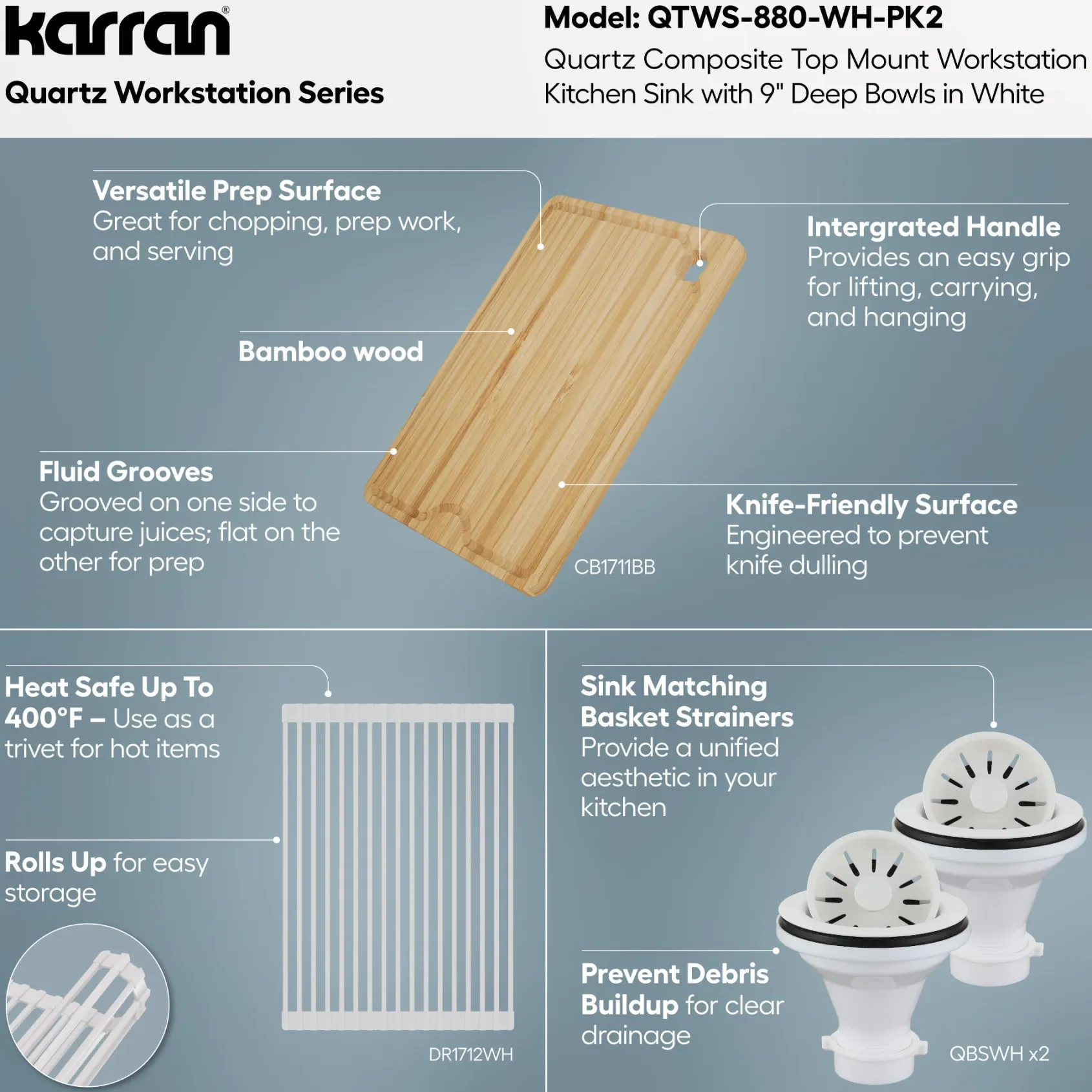 Karran 33" Drop In Quartz Composite Workstation Kitchen Sink, 50/50 Double Bowl, White, QTWS-880-WH-PK2