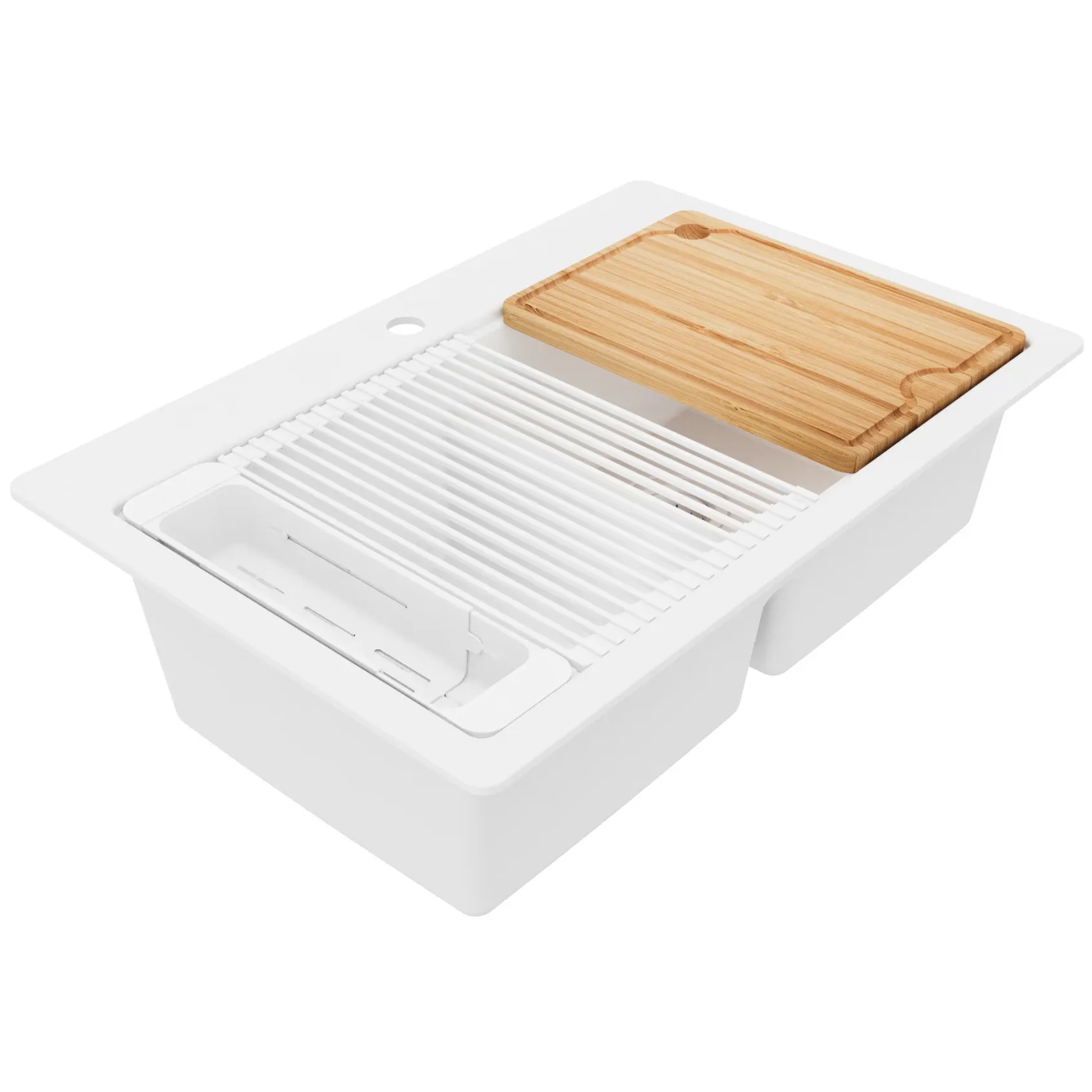 Karran 33" Drop In Quartz Composite Workstation Kitchen Sink, 50/50 Double Bowl, White, QTWS-880-WH-PK2