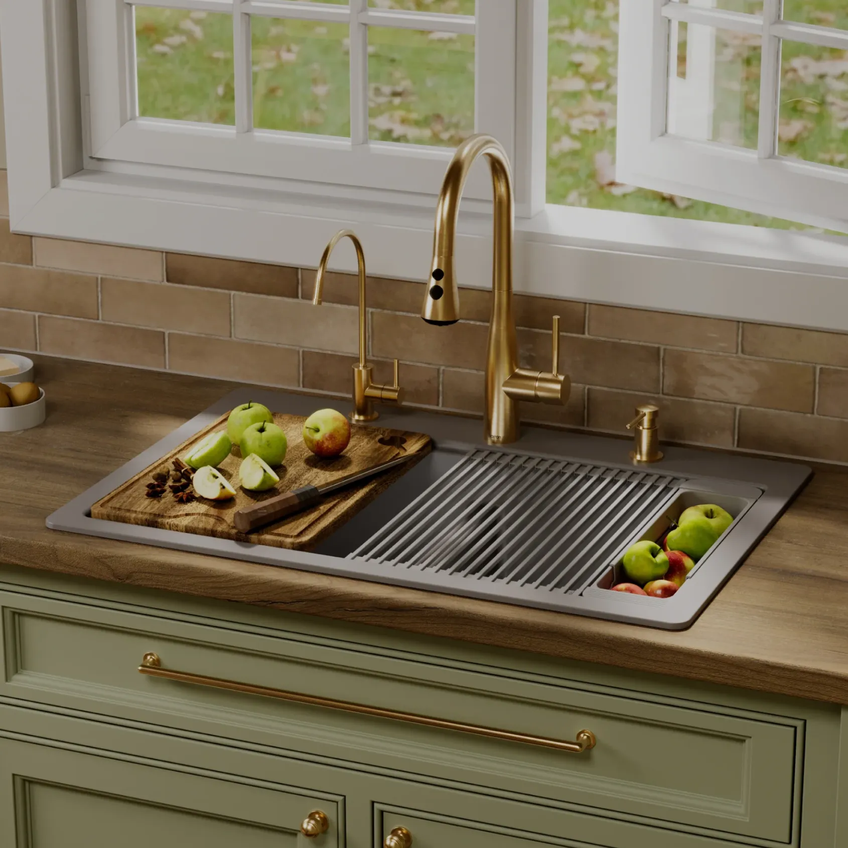 Karran 33" Drop In Quartz Composite Workstation Kitchen Sink, 50/50 Double Bowl, Grey, QTWS-880-GR-PK2