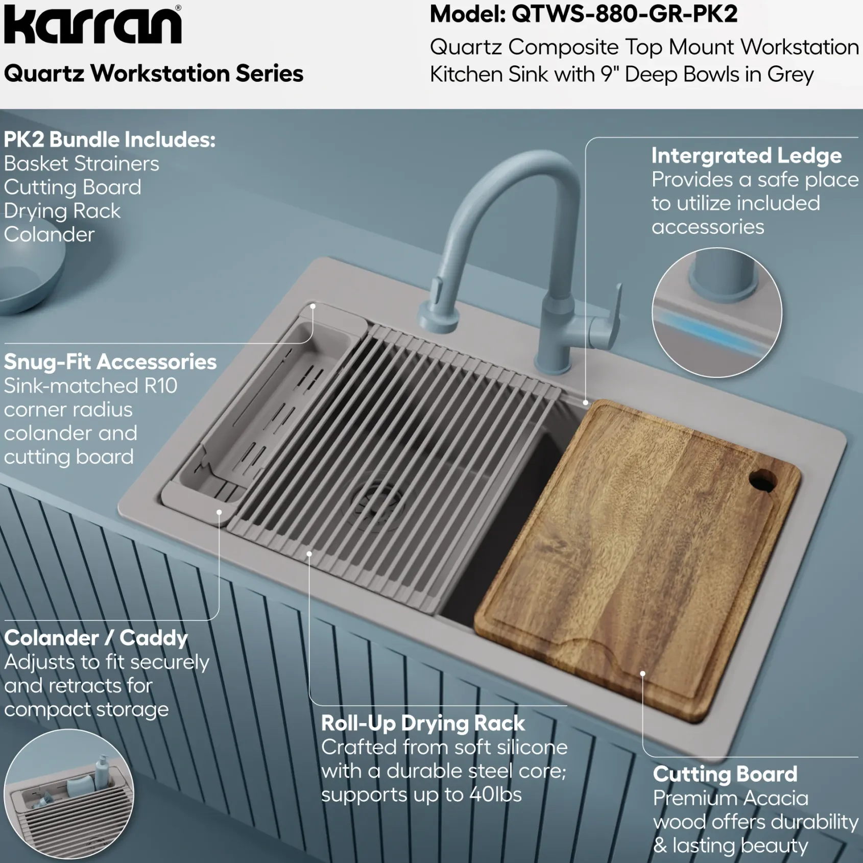 Karran 33" Drop In Quartz Composite Workstation Kitchen Sink, 50/50 Double Bowl, Grey, QTWS-880-GR-PK2